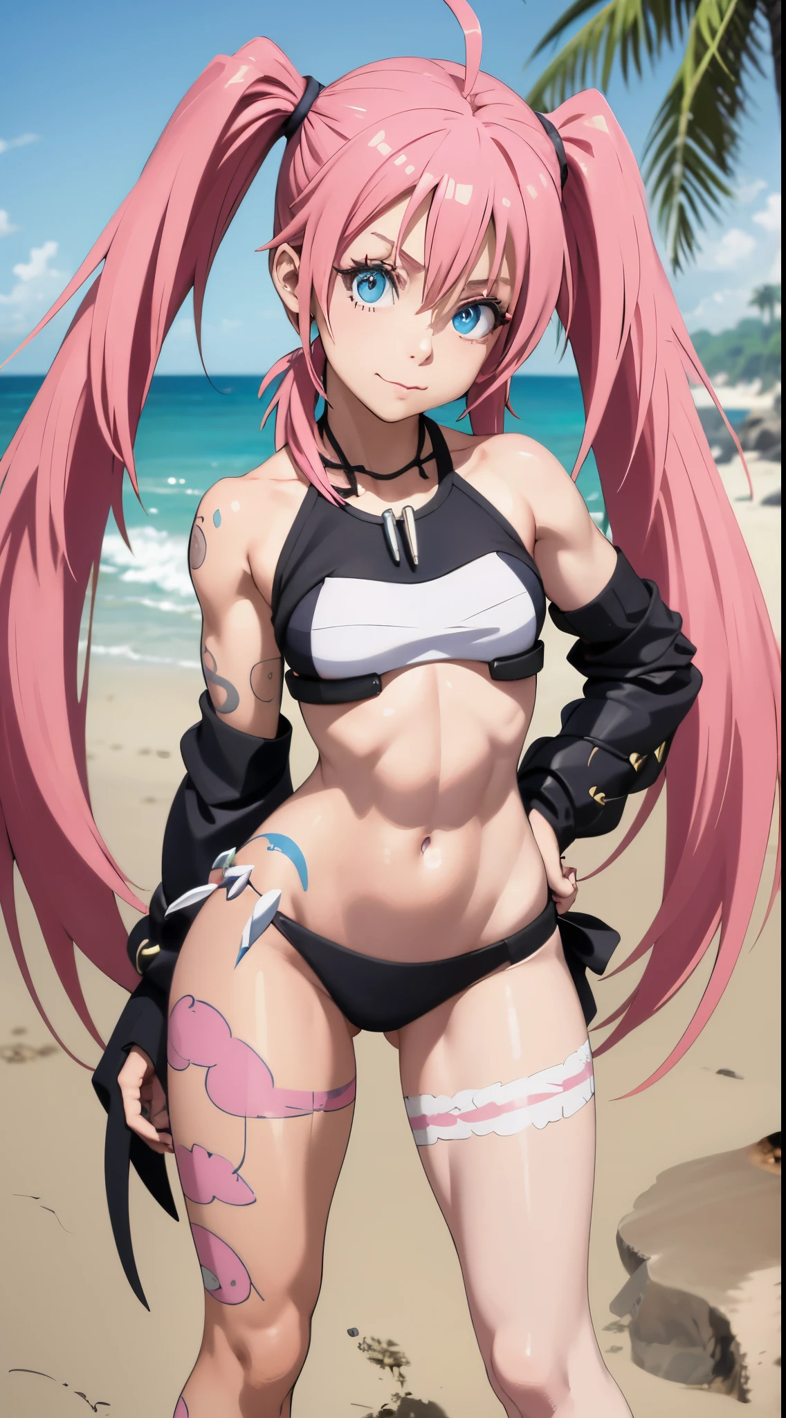 masterpiece, best quality, 1girl, solo, bikini, (pose with hands on waist), on the beach, looking at viewer, body paint, head tilt, happy, long pink hair, pigtails, blue eyes perfect, thick and muscular thighs, muscular belly, barefoot, medium breasts, full body photo, perfect hands