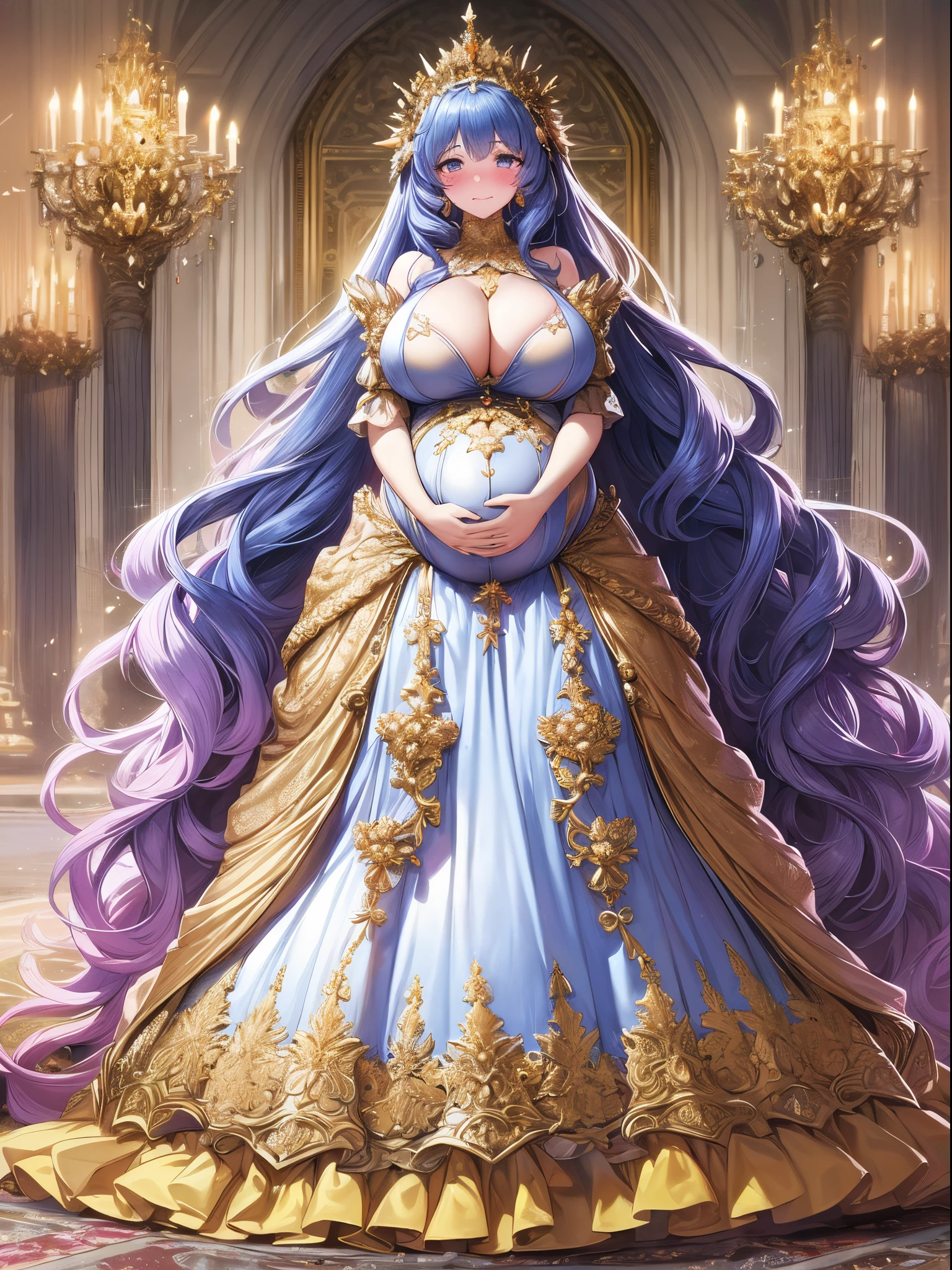 ultra-detailed, extremely detailed,((anime artstyle)),Masterpiece,(Best Quality),(Super Detail),(Very Delicate and Beautiful),((Solo)),(((full body))),full body,((detailed face and eyes)),perfect eyes, rendered eyes,jewel-like beautiful eyes,cry,((embarrassed,blush)),((1 pregnant princess in beautiful embroidery and jeweled gorgeous rococo ballgown with frilled voluminous full length hoop skirt)),(((heavily pregnant))),((Crinoline)),beautiful embroidery and jeweled gorgeous rococo ballgown with frilled voluminous full length hoop skirt,(large amount of straight hair,extremely voluminous Very Long straight Hair,Absolutely Long Straight Hair),sparkly skin,(((very gigantic boobs,skindentation))),Bursting breasts,cleavage,((fantasy castle,outdoors,outside the castle)),long_gloves,extremely gorgeousfull jeweled hair ornament,(bling-bling extremely gorgeousfull jeweled tiara),(luxurious jewelry),full body,beautiful embroidery and jeweled gorgeous rococo ballgown with frilled voluminous full length hoop skirt