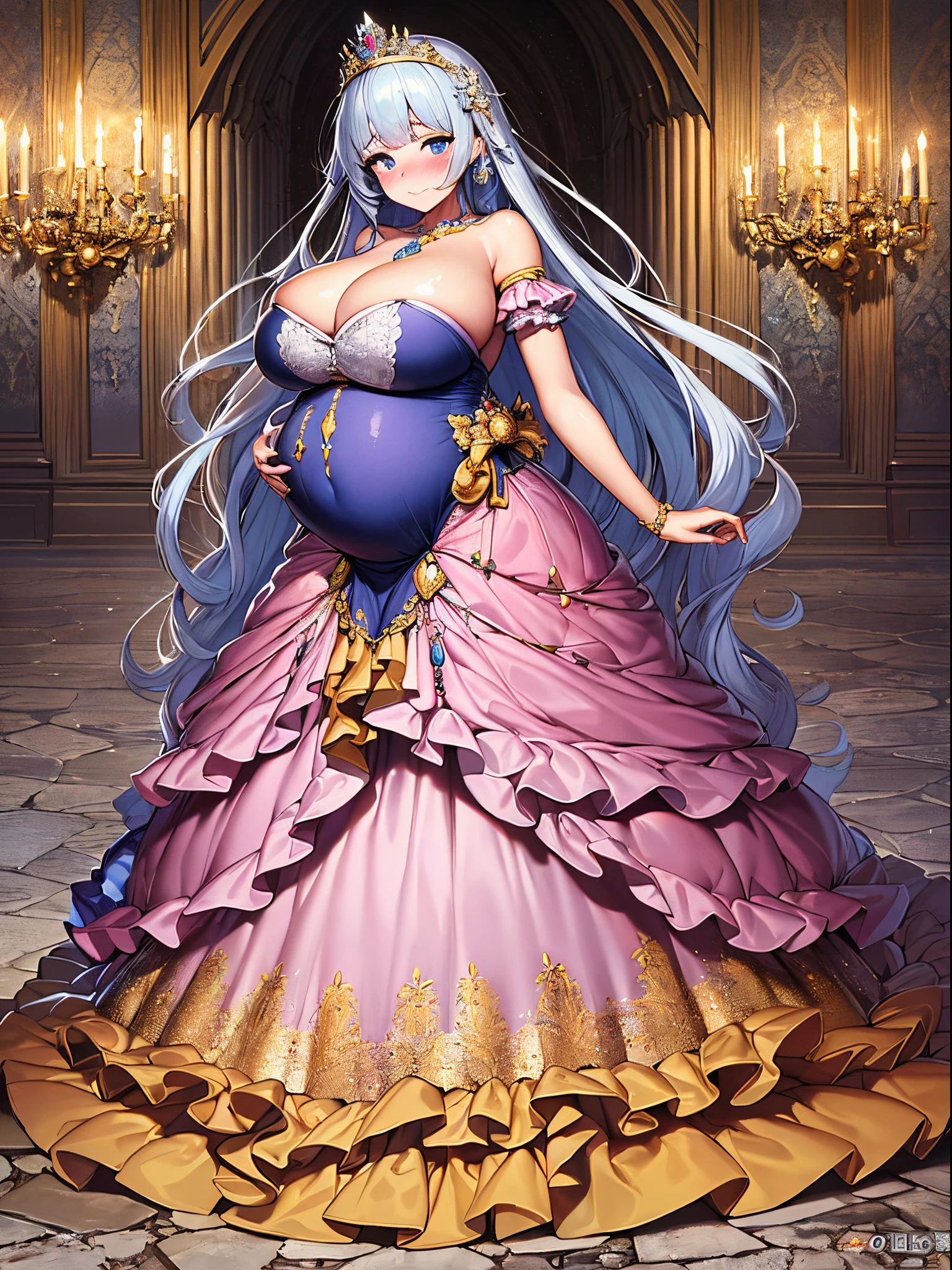 ultra-detailed, extremely detailed,((anime artstyle)),Masterpiece,(Best Quality),(Super Detail),(Very Delicate and Beautiful),((Solo)),(((full body))),full body,((detailed face and eyes)),perfect eyes, rendered eyes,jewel-like beautiful eyes,cry,((embarrassed,blush)),((1 pregnant princess in beautiful embroidery and jeweled gorgeous rococo ballgown with frilled voluminous full length hoop skirt)),(((heavily pregnant))),((Crinoline)),beautiful embroidery and jeweled gorgeous rococo ballgown with frilled voluminous full length hoop skirt,(large amount of straight hair,extremely voluminous Very Long straight Hair,Absolutely Long Straight Hair),sparkly skin,(((very gigantic boobs,skindentation))),Bursting breasts,cleavage,((fantasy castle,outdoors,outside the castle)),long_gloves,extremely gorgeousfull jeweled hair ornament,(bling-bling extremely gorgeousfull jeweled tiara),(luxurious jewelry),full body,beautiful embroidery and jeweled gorgeous rococo ballgown with frilled voluminous full length hoop skirt