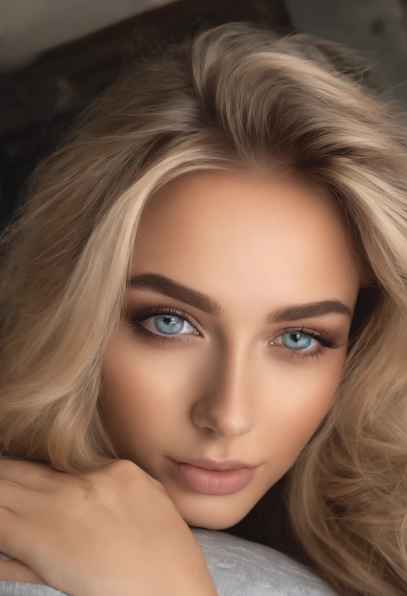Arafed woman completely , fille sexy aux yeux bleus, ultra realist, Meticulously detailed, Portrait Sophie Mudd, cheveux blonds et grands yeux, selfie of a young woman, Yeux de chambre, Violet Myers, sans maquillage, maquillage naturel, looking straight at camera, Visage avec Artgram, Maquillage subtil, Great photo of the whole body kneeling on the bed, dans la chambre, Medium to large bust