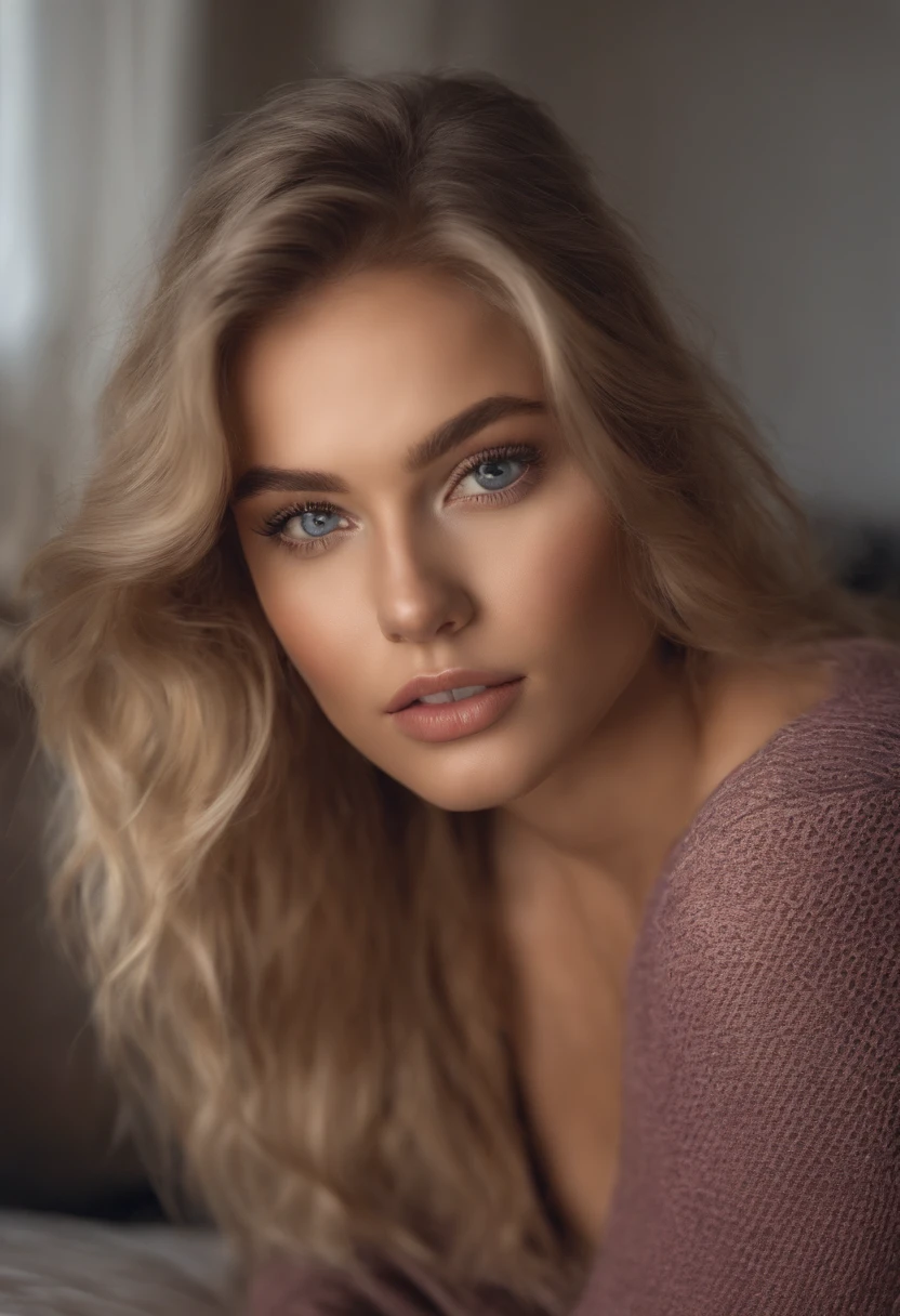 Arafed woman completely , fille sexy aux yeux bleus, ultra realist, Meticulously detailed, Portrait Sophie Mudd, cheveux blonds et grands yeux, selfie of a young woman, Yeux de chambre, Violet Myers, sans maquillage, maquillage naturel, looking straight at camera, Visage avec Artgram, Maquillage subtil, Great photo of the whole body kneeling on the bed, dans la chambre, Medium to large bust