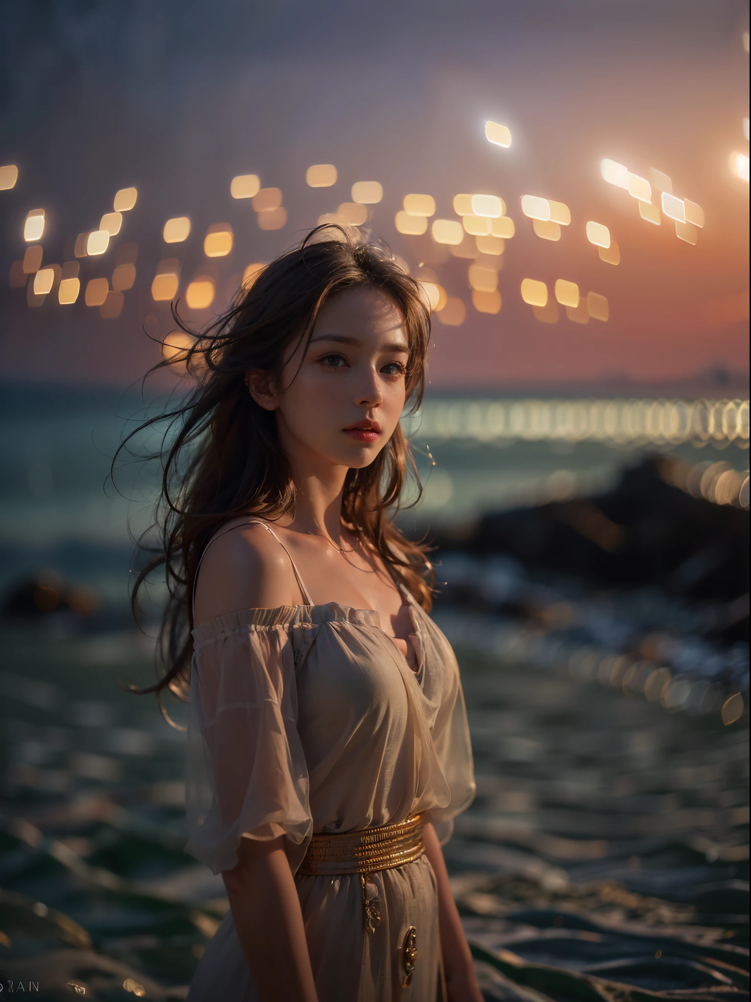 bloom, (lens flare), (8k, RAW, professional, best quality, masterpiece:1.2), (realistic,photorealistic:1.37), ultra-detailed, (25mm portrait wide angle), (anamorphic lens), ((long exposure)), (highest detailed skin:1.2), (highest detailed face:1.2), cinematic lighting, 1girl, (windy), standing on the beach, night time, warm white light, look at the camera