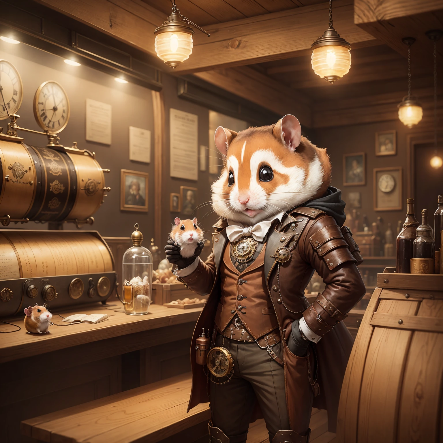 hamster traveler, hamster-aeronaft, steam plane steampunk, steampunc, steampunk painting, hamster in steampunk style clothes