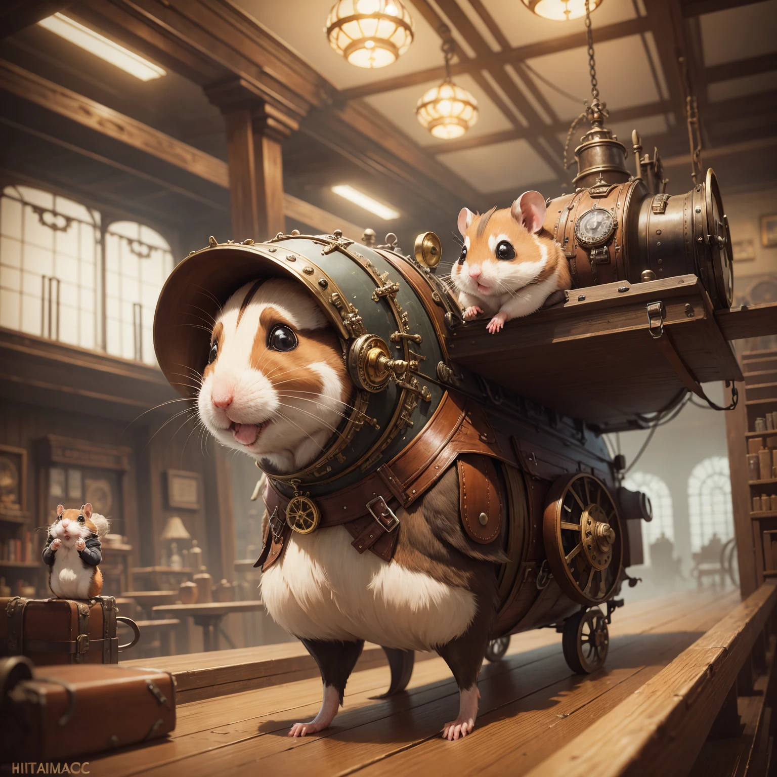 hamster traveler, hamster-aeronaft, steam plane steampunk, steampunc, steampunk painting, hamster in steampunk style clothes