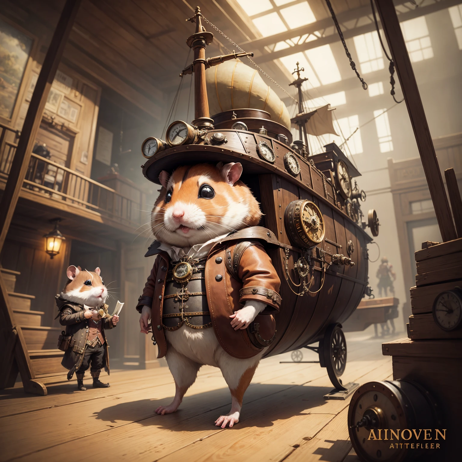 hamster traveler, hamster-aeronaft, steam plane steampunk, steampunc, steampunk painting, hamster in steampunk style clothes