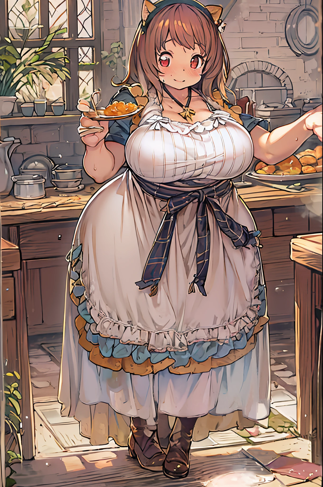 WRC style, Woman, lewd pose, The appearance of a seductive appearance, Apron, kitchin, medieval setting、bbw