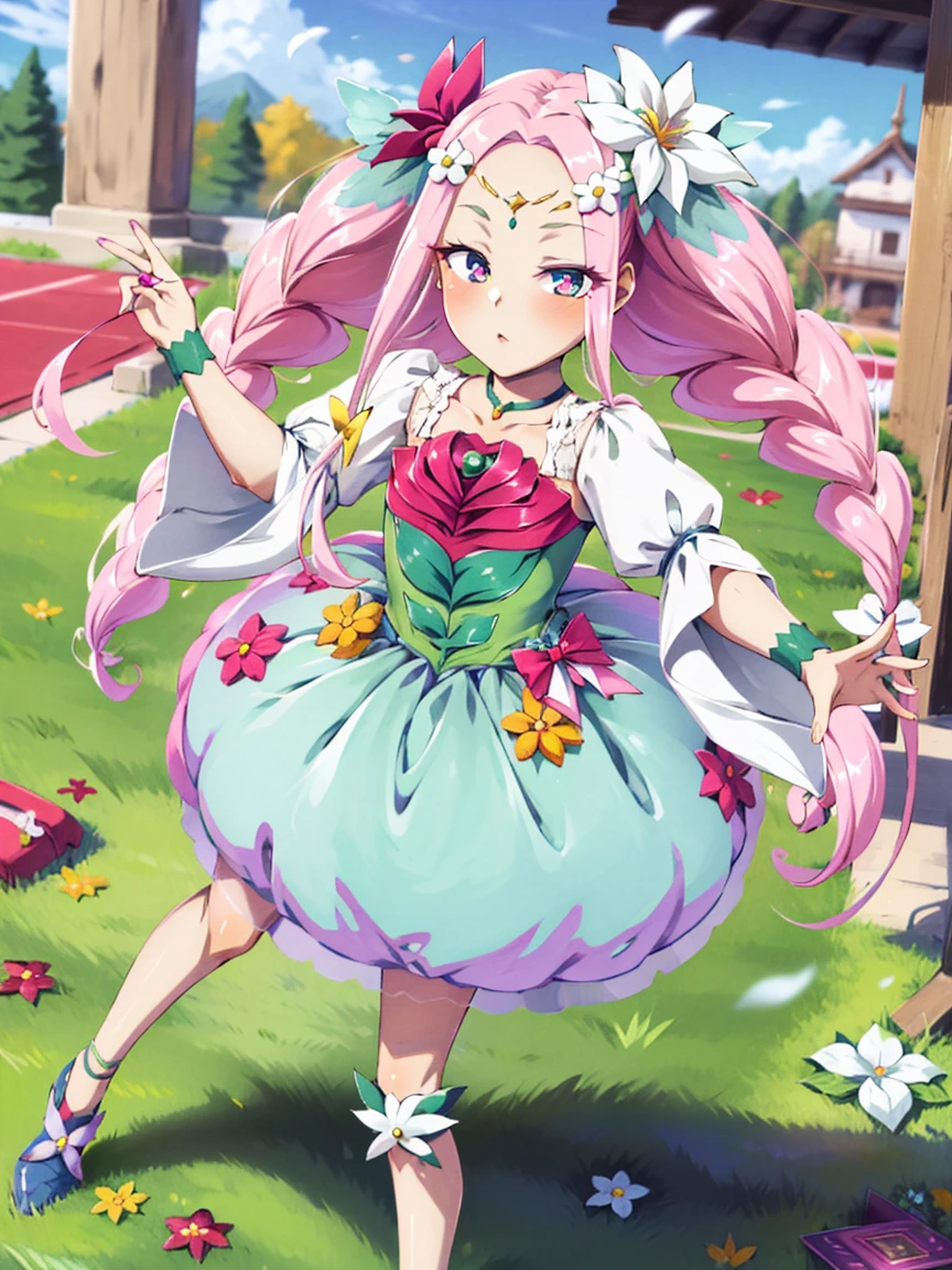 swing,look at the  viewer ,playing on swing,playground,masterpiece, best quality, (waruochi), (black dress), 
1girl, solo, long hair,, green eyes, skirt, , hair ornament,  dress, twintails, green eyes, pink hair, braid, flower, choker, hair flower, pink eyes, twin braids, blue skirt, wrist cuffs, petals, magical girl, multicolored eyes, symbol in_ eye, green choker, dress flower,masterpiece,best quality,official art,extremely detailed CG unity 8k wallpaper, pink hair, dark persona, dark magical girl, no pupils, showgirl skirt