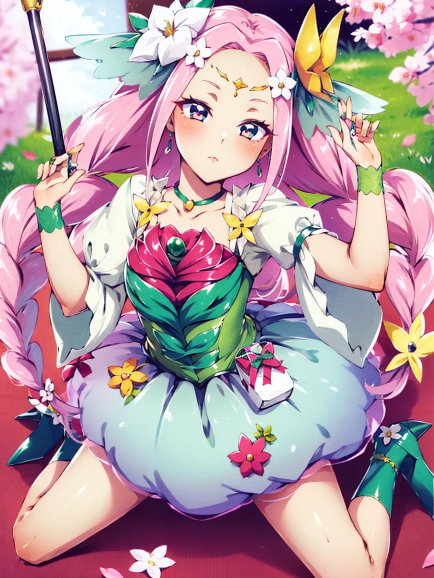 swing,look at the  viewer ,playing on swing,playground,masterpiece, best quality, (waruochi), (black dress), 
1girl, solo, long hair,, green eyes, skirt, , hair ornament,  dress, twintails, green eyes, pink hair, braid, flower, choker, hair flower, pink eyes, twin braids, blue skirt, wrist cuffs, petals, magical girl, multicolored eyes, symbol in_ eye, green choker, dress flower,masterpiece,best quality,official art,extremely detailed CG unity 8k wallpaper, pink hair, dark persona, dark magical girl, no pupils, showgirl skirt