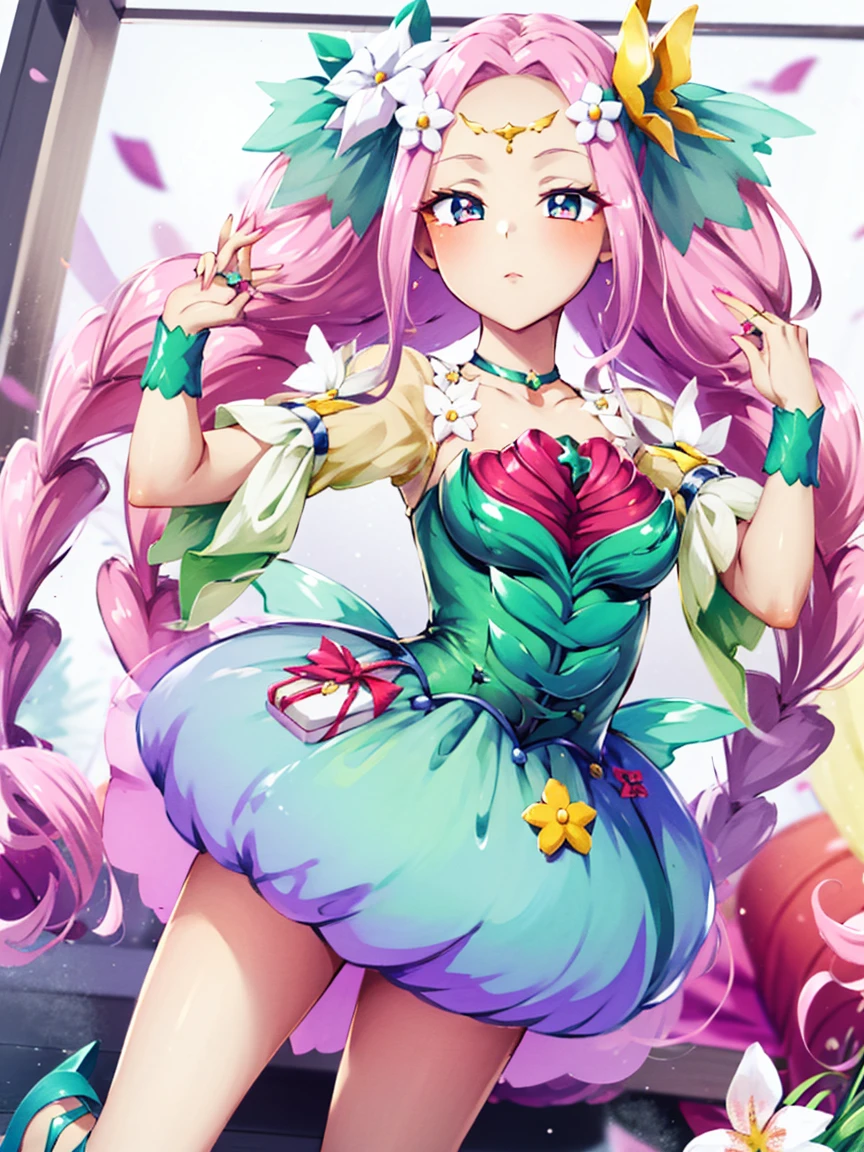 swing,look at the  viewer ,playing on swing,playground,masterpiece, best quality, (waruochi), (black dress), 
1girl, solo, long hair,, green eyes, skirt, , hair ornament,  dress, twintails, green eyes, pink hair, braid, flower, choker, hair flower, pink eyes, twin braids, blue skirt, wrist cuffs, petals, magical girl, multicolored eyes, symbol in_ eye, green choker, dress flower,masterpiece,best quality,official art,extremely detailed CG unity 8k wallpaper, pink hair, dark persona, dark magical girl, no pupils, showgirl skirt