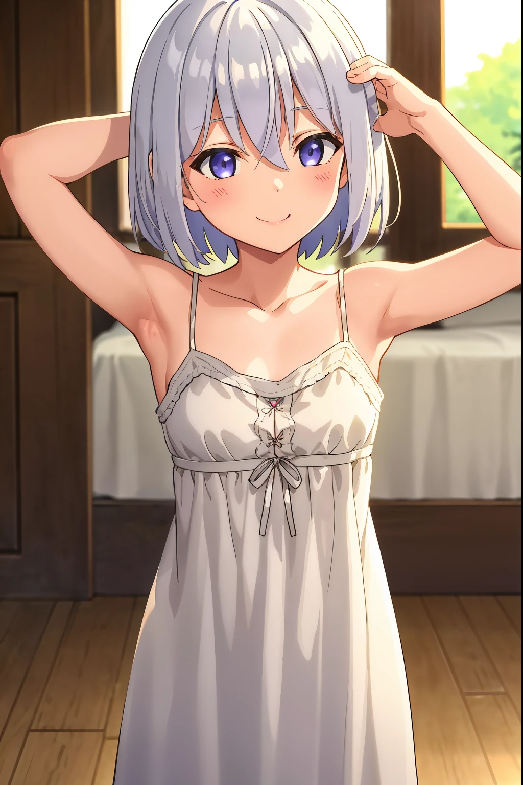 elaina,elaina\(nightgown\), (masterpiece:1.6, best quality) detailed, shiny skin, shiny hair, short hair, camisole, spaghetti strap, shiny,looking at viewer , happy,indoors,depth of field, armpits, hands behind head