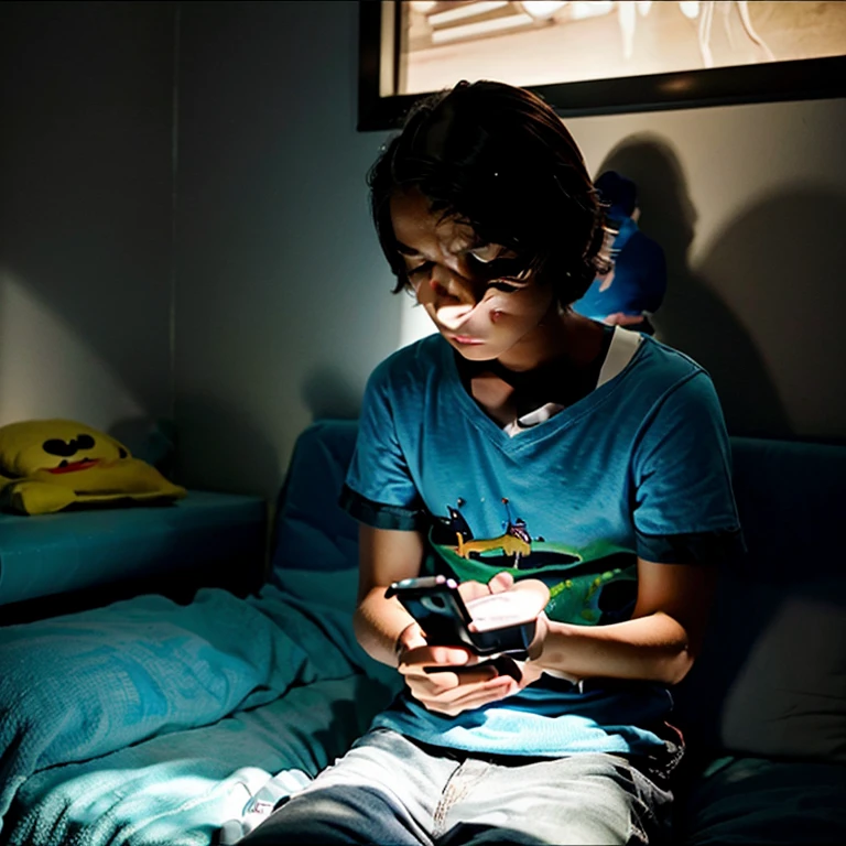 I need a Disney pixar 3D style image where a boy watches inappropriate content on his hidden cell phone looking at his cell phone, mas a fisionomia precisa ser triste e viciada. Behind a strip of light as if watching you