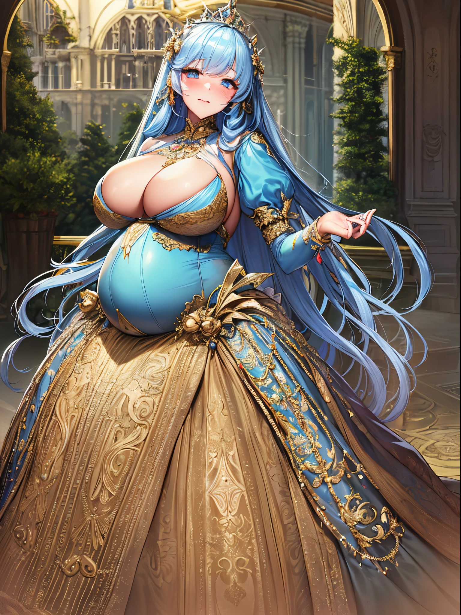 ultra-detailed, extremely detailed,((anime artstyle)),Masterpiece,(Best Quality),(Super Detail),(Very Delicate and Beautiful),((Solo)),(((full body))),full body,((detailed face and eyes)),perfect eyes, rendered eyes,jewel-like beautiful eyes,cry,((embarrassed,blush)),((1 pregnant princess in beautiful embroidery and jeweled gorgeous rococo ballgown with frilled voluminous full length hoop skirt)),(((heavily pregnant))),((Crinoline)),beautiful embroidery and jeweled gorgeous rococo ballgown with frilled voluminous full length hoop skirt,(large amount of straight hair,extremely voluminous Very Long straight Hair,Absolutely Long Straight Hair),sparkly skin,(((very gigantic boobs,skindentation))),Bursting breasts,cleavage,((fantasy castle,outdoors,outside the castle)),long_gloves,extremely gorgeousfull jeweled hair ornament,(bling-bling extremely gorgeousfull jeweled tiara),(luxurious jewelry),full body,beautiful embroidery and jeweled gorgeous rococo ballgown with frilled voluminous full length hoop skirt