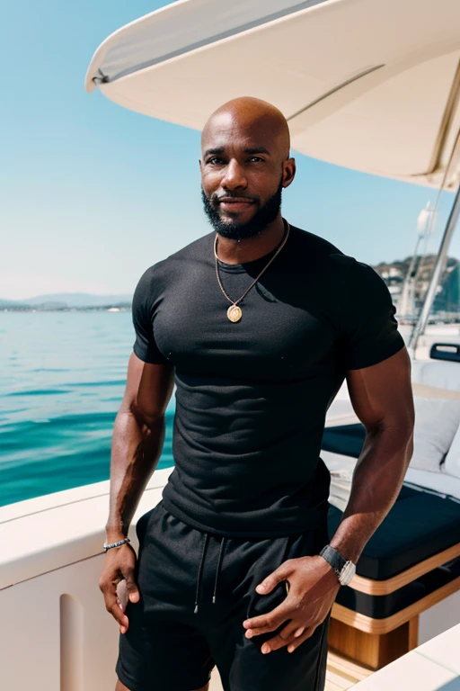 26 year old black guy mathys with muscles and bald head with a nice beach outfit at his yacht in nizza