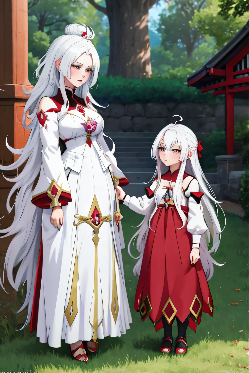 a woman in a red dress standing in front of a tree, white haired deity, gothic maiden anime girl, cute anime waifu in a nice dress, ((a beautiful fantasy empress)), anime goddess, edelgard from fire emblem, edelgard fire emblem, anime girl with long hair, beautiful anime woman, beautiful alluring anime woman, white haired lady