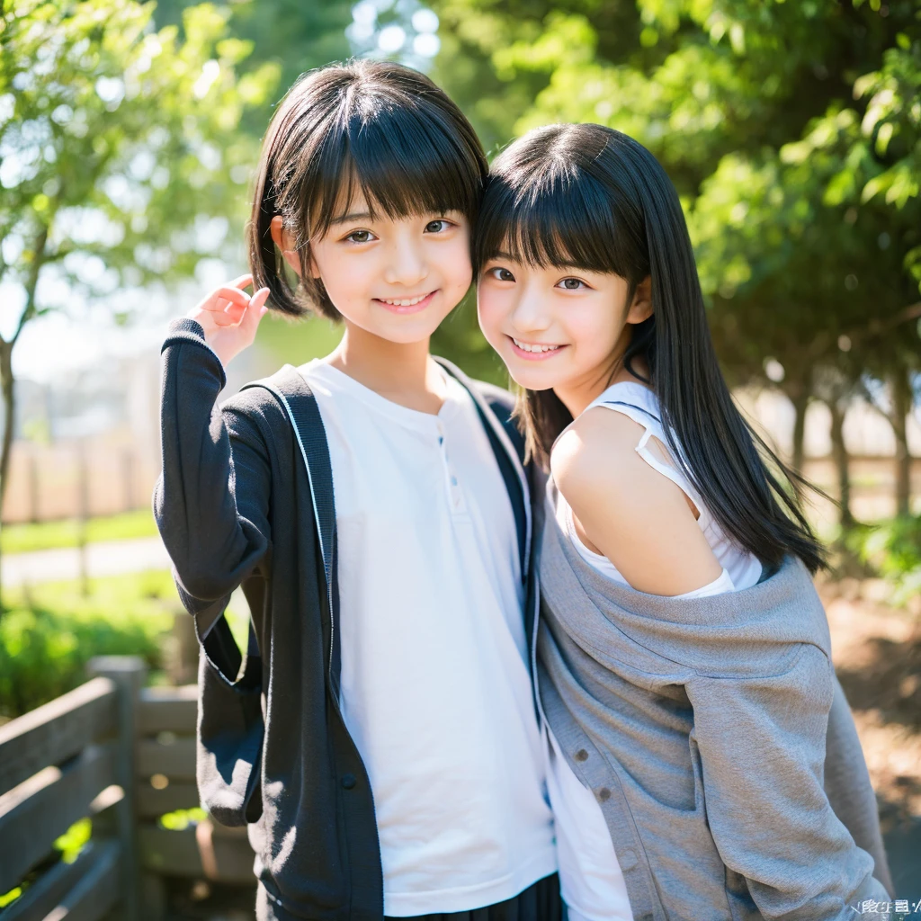 two girls standing in the park,Plain white school gym shirt with navy blue trim,Navy blue speed briefs,Red headband,White headband,,bangs,A small smile,Thighs,knees,Straight hair with barrette,From below,Front light