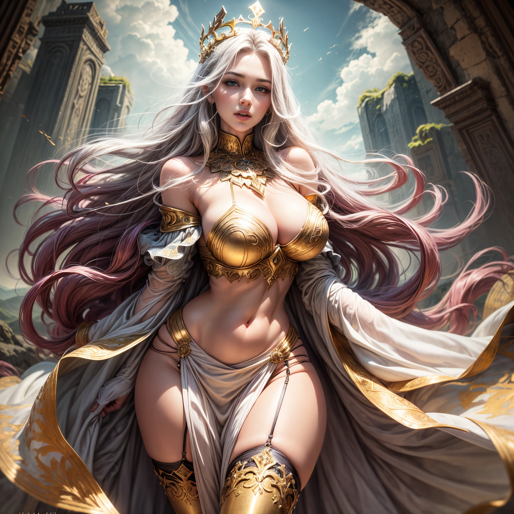 best quality,ultra-detailed,realistic:1.37,portrait,Norse goddess Frigg,beautiful detailed eyes,beautiful detailed lips, giant breasts, skinny but curvy, long hair flowing in the wind,golden crown and body jewelry, bellybutton piercing, serene and wise expression,flowing gown,standing on a mountain top with a majestic Nordic landscape in the background, warm color palette,soft and gentle lighting,subtle glow surrounding her as a symbol of her divine power, short dress, open chest, low cut white dress, showing hips, showing shoulders, transparent fabric, black stockings and garter belt, --auto --s2