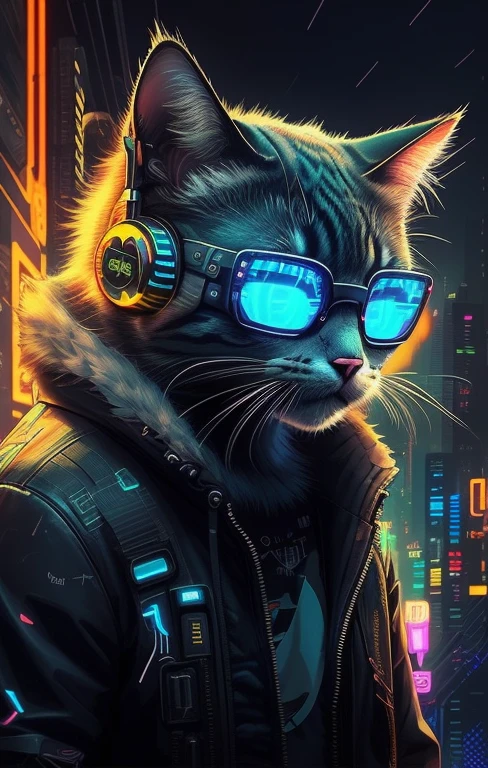 A cat wearing white over-ear headphones on his face in the dark, Gato Cyberpunk, cyberpunk artstyle, cyberpunk theme art, Cute neon cat, Cyberpunk style theme, cyber punk style, Digital Cyberpunk Art, Cybercat, Advanced digital art, High quality cyberpunk art, Cyberpunk art of a, cyberpunk atmosphere, furry digital art, number art, cyberpunk atmosphere, Pikachu cyberpunk