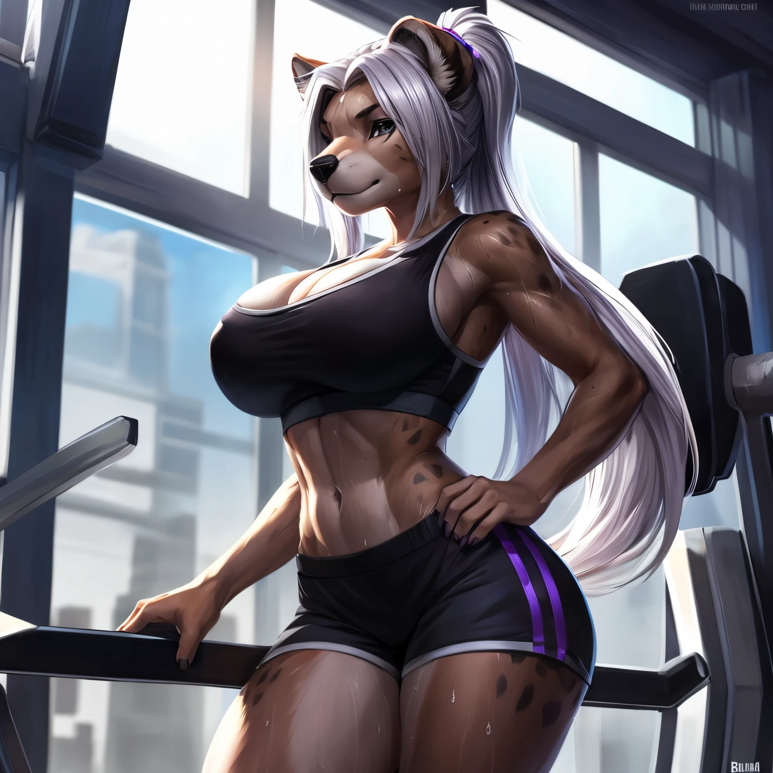 (anthro)) hyena, Ross Tran, by ruan jia, by zaush, by foxovh Best Quality, masterpiece,, Illustration, Wallpaper,1girl in, Solo, Bright purple-silver hair, Semi-long hair, Beautiful detailed girl, extremely detailed eye and face, Beautiful detailed eyes, Shy, natural_Lighting, Glow,NSFW, Looking at Viewer, Straight hair, Ponytail,White hair, Thick_thighs thighs thighs thighs, big ass, big tits, slim waist, at the gym, very short black gym shorts, black sports bra, sweat, hot, top ponytail, big tits, big ass, sweaty, big cleavage, putting her hair in a bun while walking on treadmill