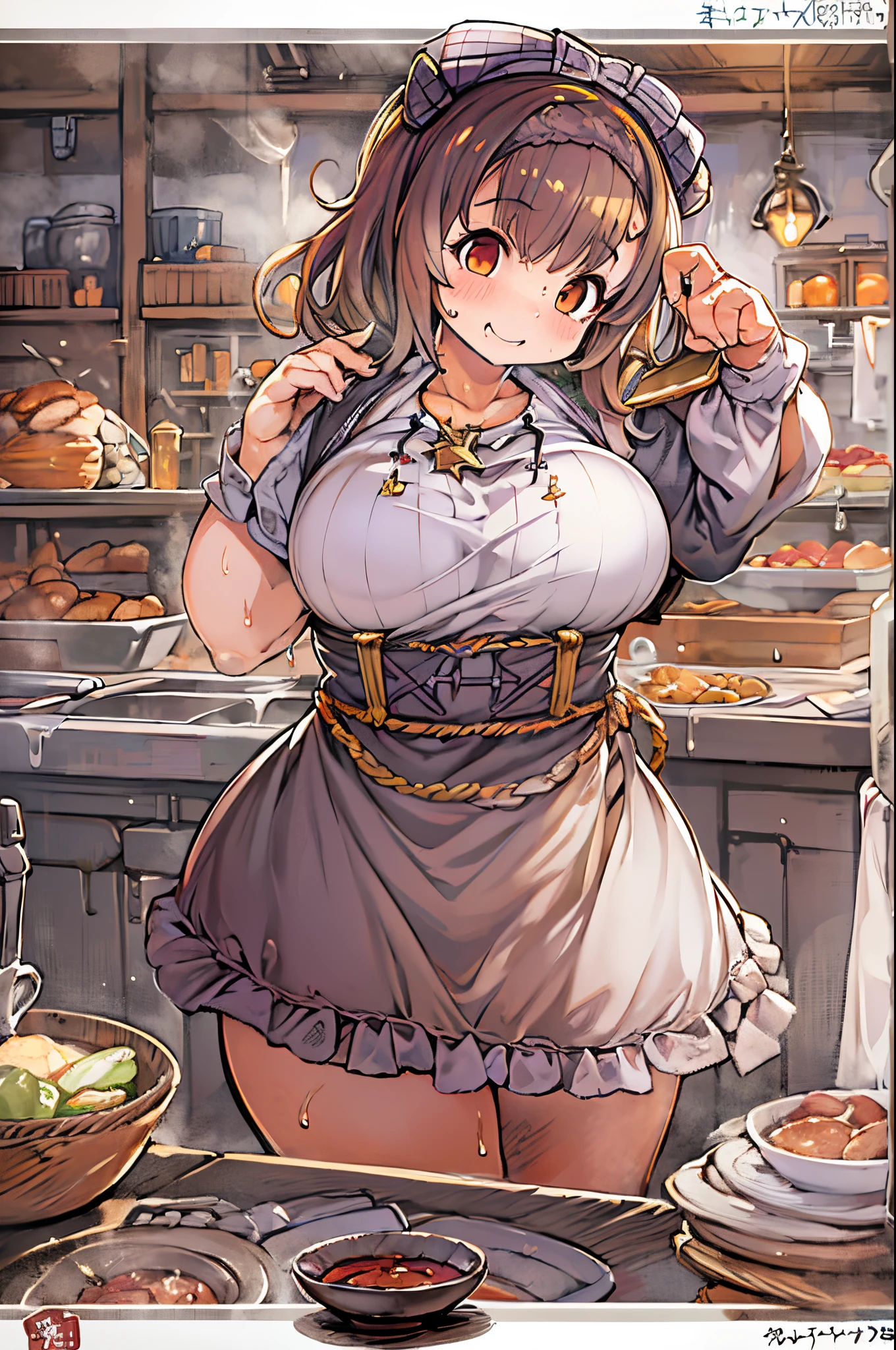 WRC style, Woman, lewd pose, The appearance of a seductive appearance, Apron, kitchin, medieval setting、bbw