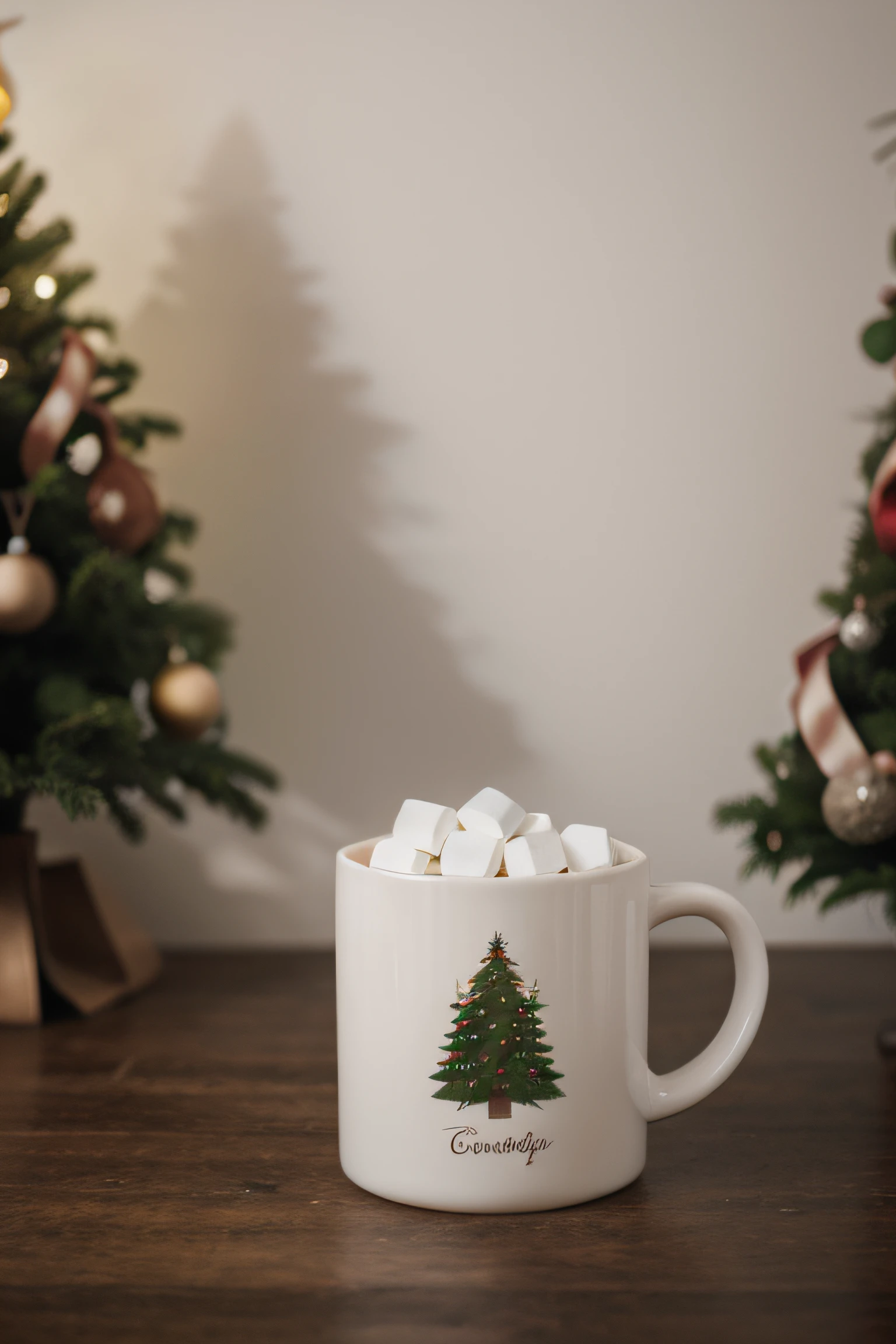 white mug mockup full of marshmallows with christmas background and christmas surrounding, christmas tree in the background, cozy dark light, evening climate, evening light, dark photo, shadows