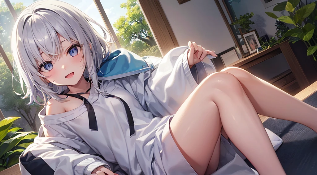 Anime girl, beautiful blue eyes, long white hair, cat ears, in a blue shark onesie with a hoodie on her head, sitting on a bed, good anatomy, bare legs, plump legs, cute, hugging a shark plushie, 8k, high resolution