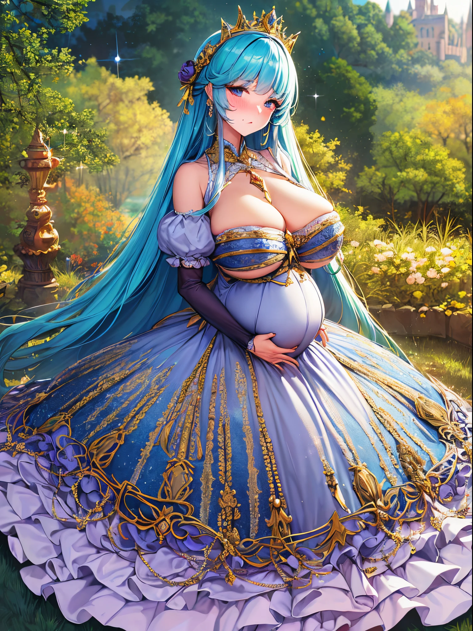 ultra-detailed, extremely detailed,((anime artstyle)),Masterpiece,(Best Quality),(Super Detail),(Very Delicate and Beautiful),((Solo)),(((full body))),full body,((detailed face and eyes)),perfect eyes, rendered eyes,jewel-like beautiful eyes,cry,((embarrassed,blush)),((1 pregnant princess in beautiful embroidery and jeweled gorgeous rococo ballgown with frilled voluminous full length hoop skirt)),(((heavily pregnant))),((Crinoline)),beautiful embroidery and jeweled gorgeous rococo ballgown with frilled voluminous full length hoop skirt,(large amount of straight hair,extremely voluminous Very Long straight Hair,Absolutely Long Straight Hair),sparkly skin,(((very gigantic boobs,skindentation))),Bursting breasts,cleavage,((fantasy castle,outdoors,outside the castle)),long_gloves,extremely gorgeousfull jeweled hair ornament,(bling-bling extremely gorgeousfull jeweled tiara),(luxurious jewelry),full body,beautiful embroidery and jeweled gorgeous rococo ballgown with frilled voluminous full length hoop skirt