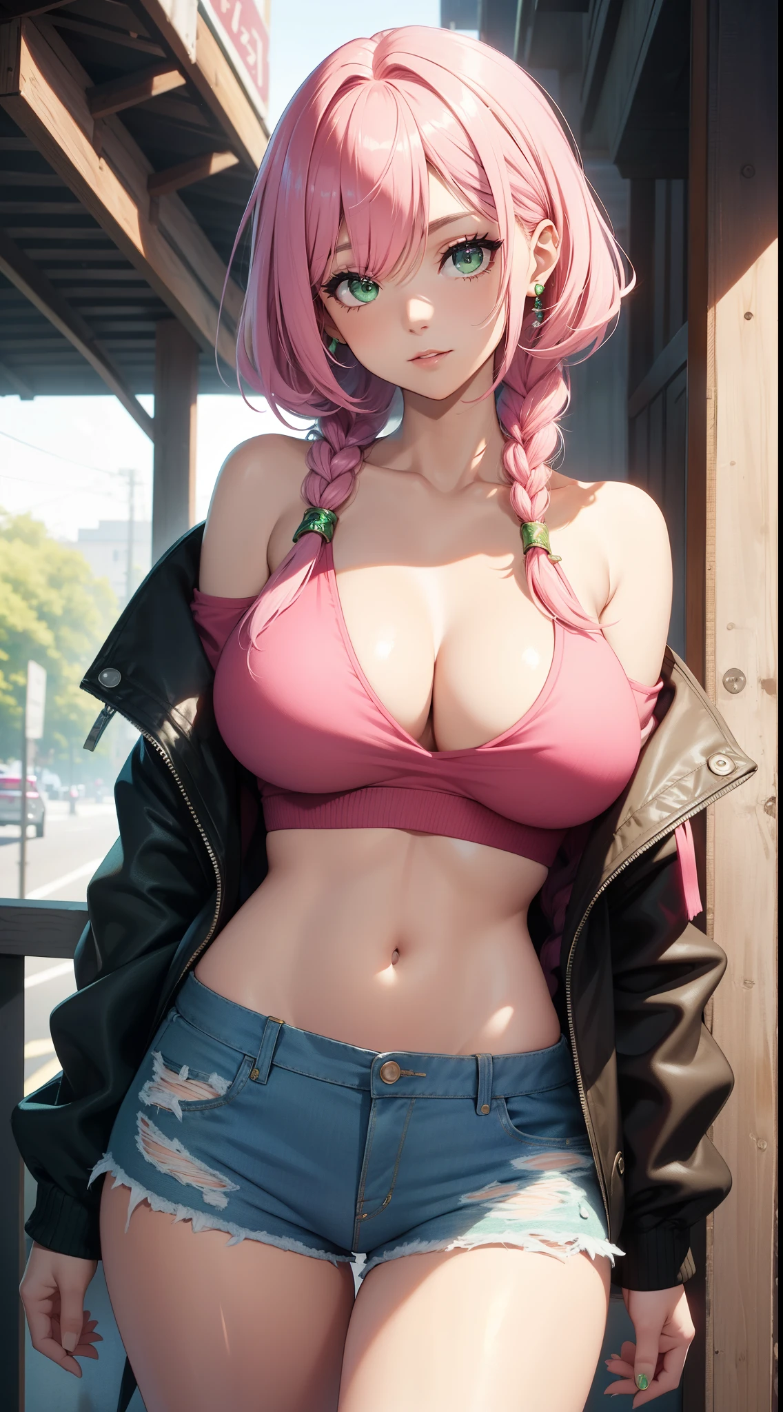 （（Best quality，8K，tmasterpiece：1.4））， Chopping，with pink hair，Long braid on one side， luring，（ Bare lower breasts，Plain white off-the-shoulder extra-short top），Colossal tits， shiny skins，tight ripped denim shorts， Green-eyed