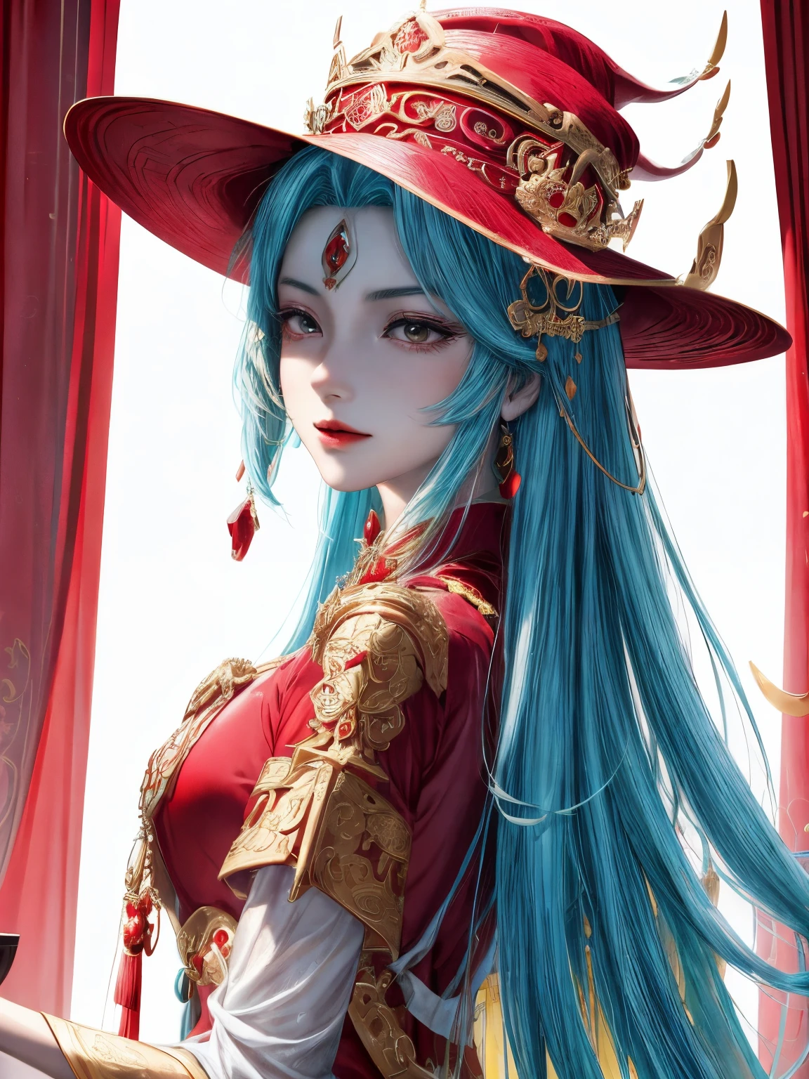 a close up of a woman wearing a red dress and a red hat, trending at cgstation, trending on cgstation, a beautiful fantasy empress, ((a beautiful fantasy empress)), chinese style, red and golden color details, inspired by Huang Ji, red adornments, red adornements, beautiful anime style, style anime, gold and red, beautiful anime girl