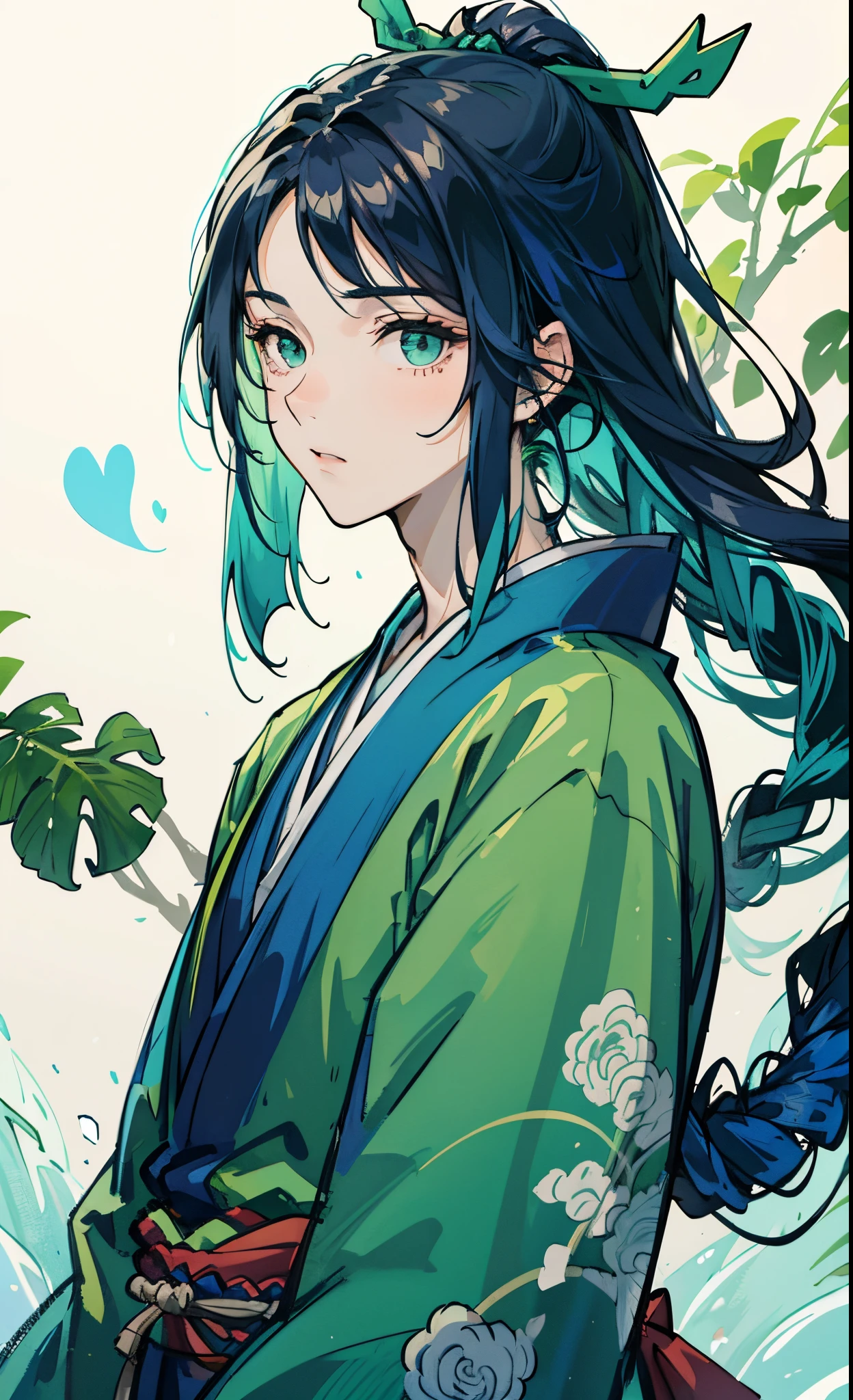 A beautiful young man with blue hair wearing a green haori。