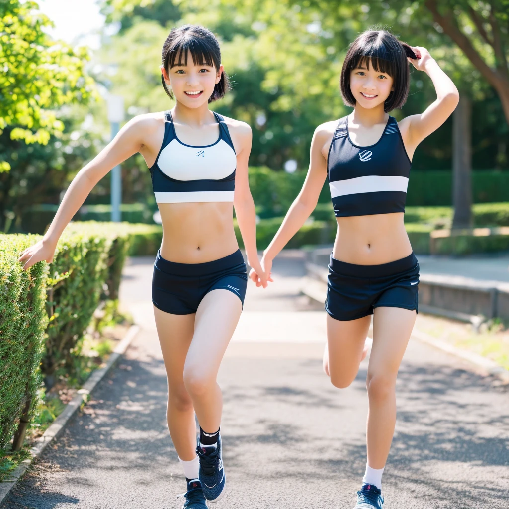 Japan Girl, girl with(13 year old detailed full body RAW photo),Short hair, Black hair, Teen, Baby face, kawaii, Natural lighting, Soft shadows, Joyful expression, Ministry work、Athletics、full bodyesbian、frontage、DELICATE DETAILS, (High resolution:1.2)、Sportsbra