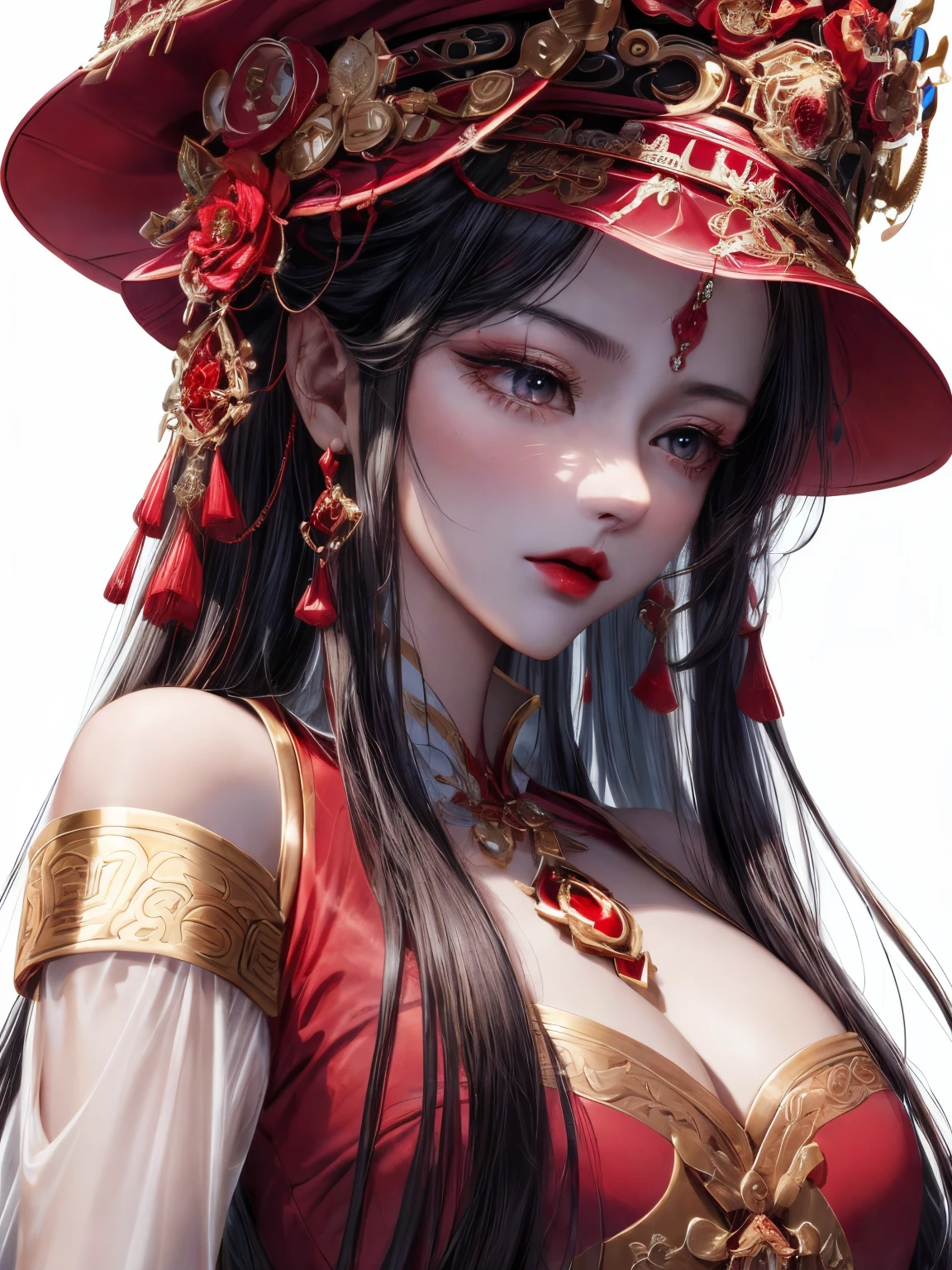 a close up of a woman wearing a red dress and a red hat, trending at cgstation, trending on cgstation, a beautiful fantasy empress, ((a beautiful fantasy empress)), chinese style, red and golden color details, inspired by Huang Ji, red adornments, red adornements, beautiful anime style, style anime, gold and red, beautiful anime girl