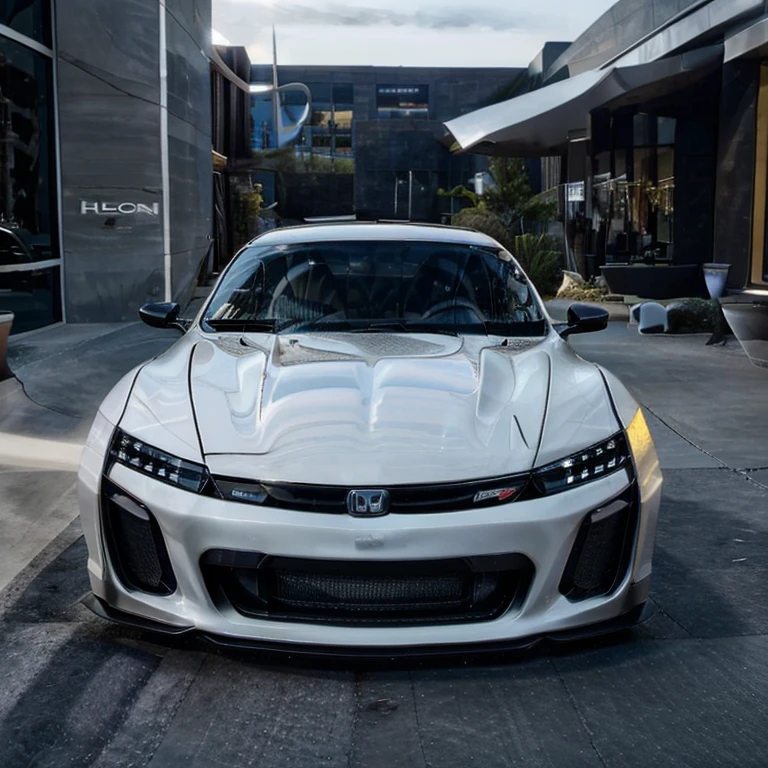 Honda, Prelude, type s, 2 door coupe, sleek long front end, Mugen, Illuminated headlights, aero kit, 2024 model, centered in frame, lowered, white body, cityscape