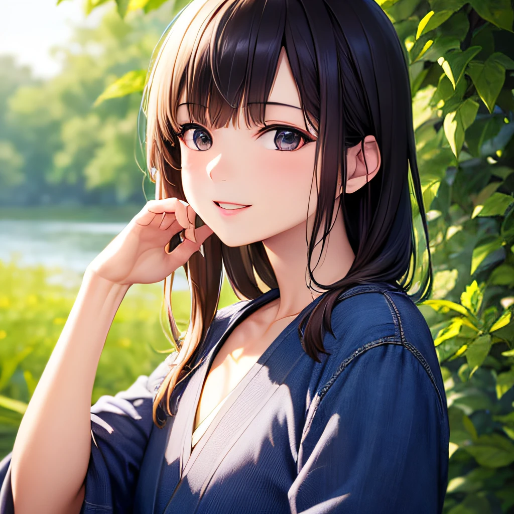 photographrealistic, (masutepiece,Best Quality:1.4),(8K,Raw photo,photographrealistic:1.2), Detailed skin,Detailed face,1girl in,Japanese Idol,Cute face, Black hair,slender, shiny eyes, Smile, BREAK (Side view:0.6), Cute clothes