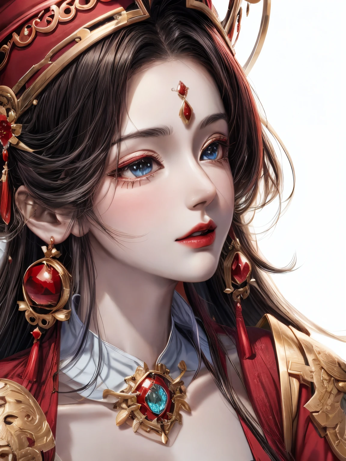 a close up of a woman wearing a red dress and a red hat, trending at cgstation, trending on cgstation, a beautiful fantasy empress, ((a beautiful fantasy empress)), chinese style, red and golden color details, inspired by Huang Ji, red adornments, red adornements, beautiful anime style, style anime, gold and red, beautiful anime girl, full body