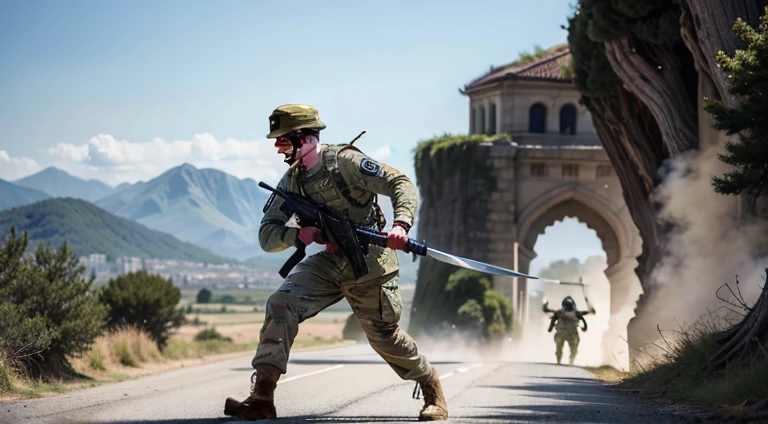 A soldier holding a long knife fighting with enemies during a war