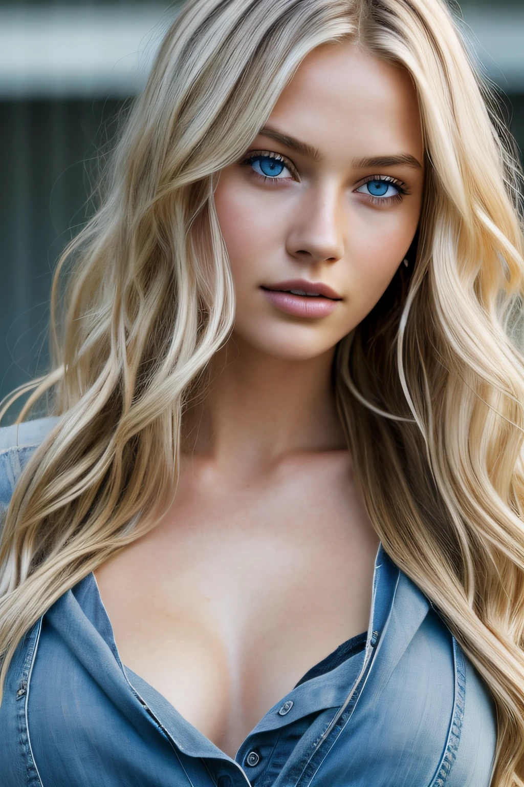 1girl in, age19, Solo, Long wavy blond hair, messy wind blown hair, blondehair, (dark blue eyes), Colossal tits, full body shot, (textured skin, skin pores:1.1), imperfect skin, goosebumps, (extremely detailed 8k wallpaper), soft lighting, high quality, film grain, Fujifilm XT3 sharp focus, f 2.6, 135mm, High Detail, Sharp focus,(natural light), (seductive), Realistic, ultra realistic, photo realistic, crazy details, complex details, hyper detailed