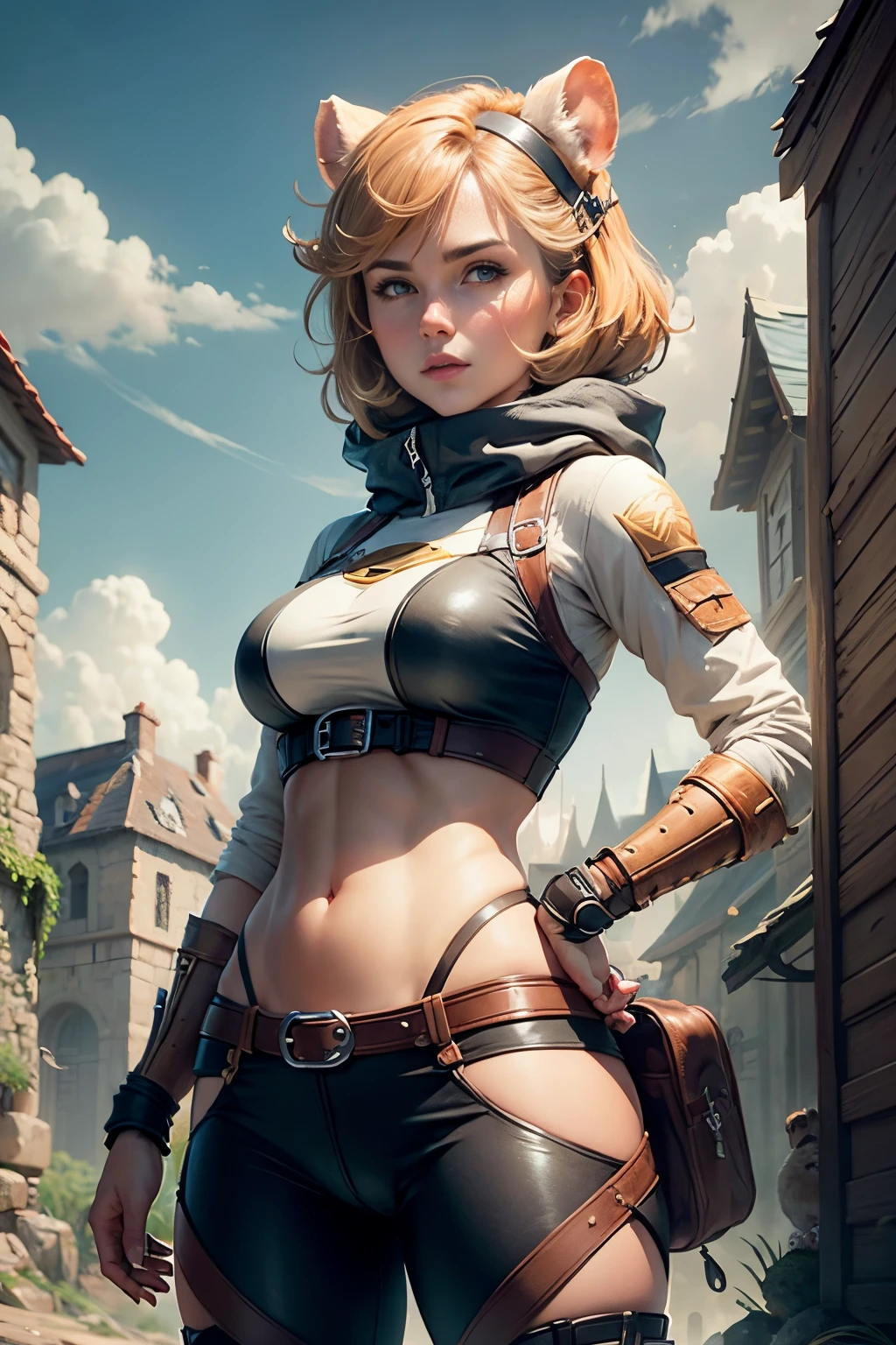 A courageous Wasteland Punk warrior hand-in-hand through a wasteland full of pitfalls. The camera zooms in on the woman, capturing her determination. The young woman, with a protective expression on her face, wears makeshift armor and patched clothes. All clothes are torn and broken exposing her breast, semiexposed tits, big boobs, nsfw, broken short revealing her flesh, very damage loincloth, wearin torn loincloth