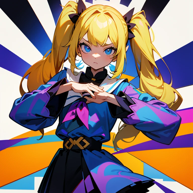 1girl in, 独奏, length hair, O cabelo multicolorido,Teenager with blonde pigtails wearing black colorful patterned school uniform,Dynamic Pose,Simple isolated on white background,in sticker style,Contrasty, Look at viewers,blue eyess,bangss,striated hair,A look of surprise