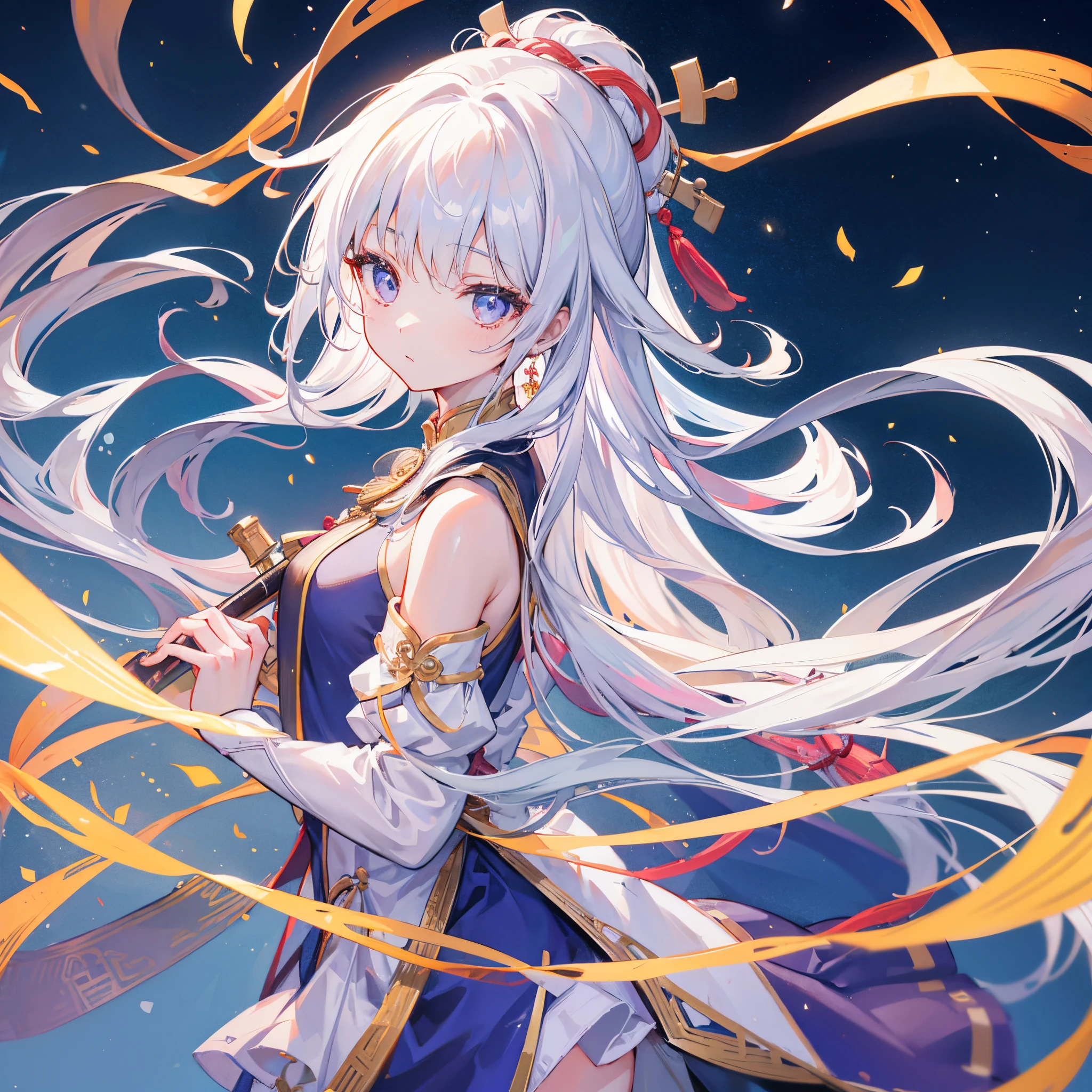 twogirls, A girl holds a piano, A girl holds a lute, White hair, xianxia fantasy, CG social popularity, chinese tower, Floating foreground, hair loose, motionblur, 电影灯光, blurryforeground, lines of movement, high detal, 16k, A high resolution, ctextured skin, super detailing