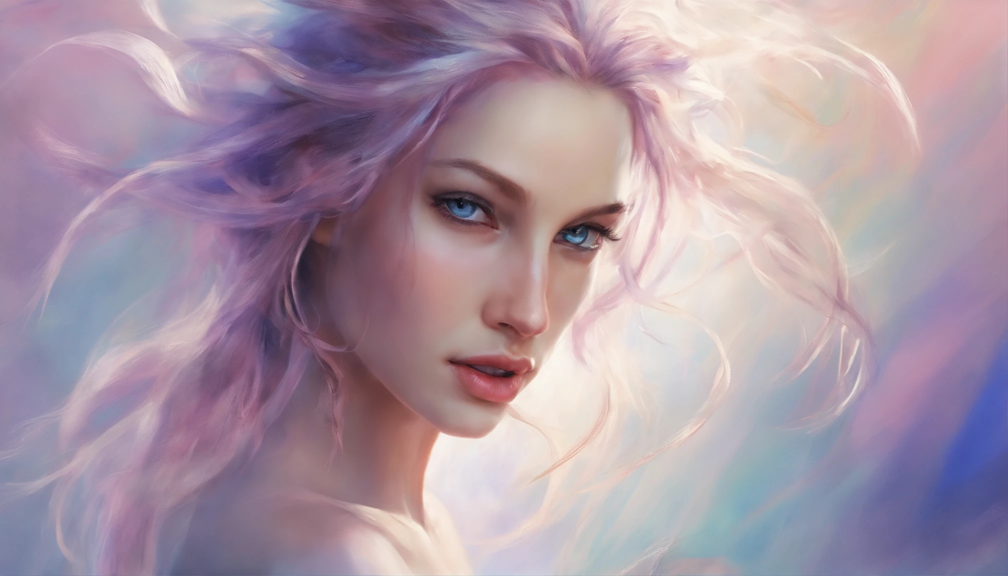 Young beautiful woman, long hair, elegant, too beautiful, In a mesmerizing watercolor painting, a cyberpunk vampire reigns, portrayed as a figure of ethereal beauty and dark mystique. The artwork captures the graceful yet mysterious essence of this immortal being, with their hairstyle twisted color black and snow- white, flowing in the wind and eyes shining with an otherworldly glow. Delicate strokes of vibrant blues and purples bring life to their metallic cybernetic enhancements, seamlessly blending the futuristic with the fantastical. This extraordinary image was skillfully created with meticulous attention to detail, evoking a sense of wonder and intrigue in the viewer. highly realistic, ruddy skin, beautiful, full lips, smiling, feeling of lightness and joy, hyperrealism, skin very elaborated, direct gaze