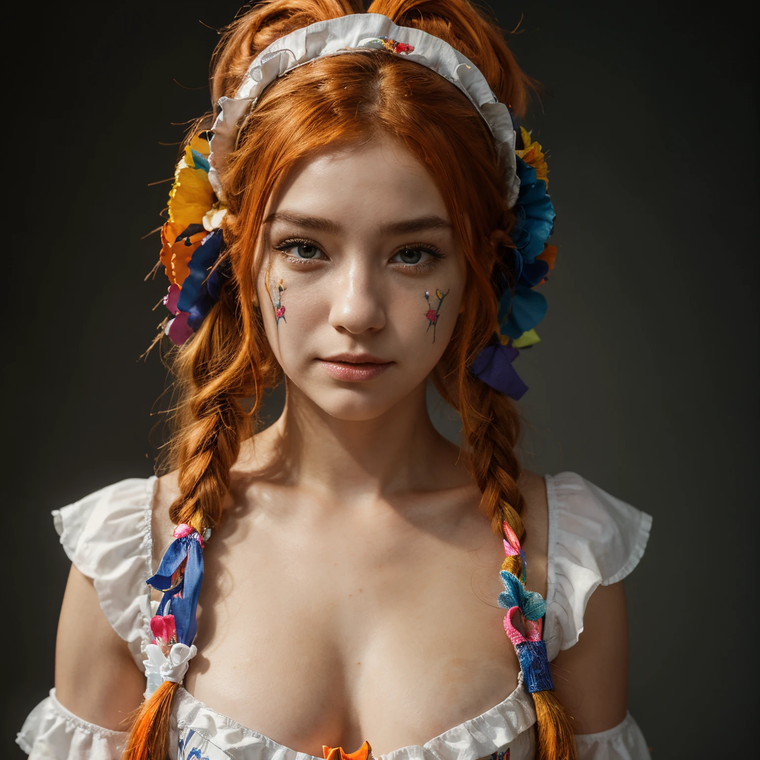 HDR,UHD,8K, Best Quality, Masterpiece, Highly detailed, studio lightning, physical based rendering, 1girl, 独奏, clown. Colorful, Clown hat and flowers, Clown costume, gloves, Drawing of a heart on the face, orange hair,(Sad), white on face, Wavy Hair, Long hair, 1 ponytail, (upper-body) full - body