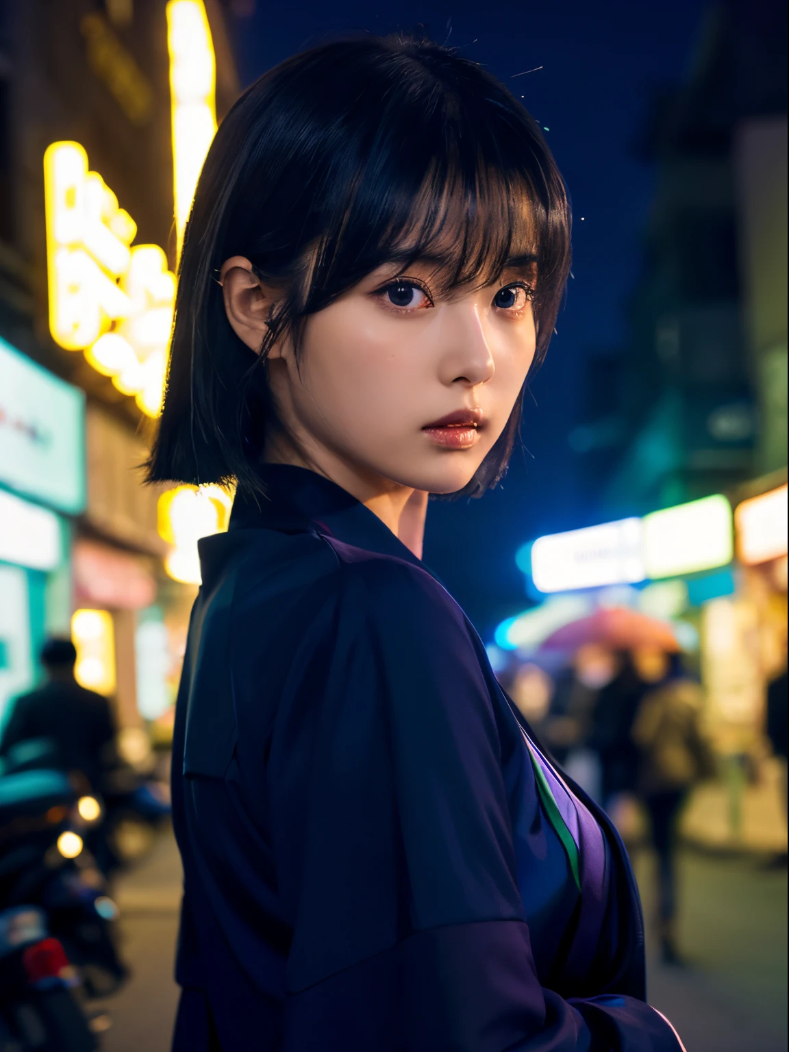 (Backlighting,Black hair),Beautiful woman in uniform in the bustling streets of Gintama, Surrounded by vendors, Beautiful portrait of a stunning goddess girl, beautifull detailed face, Porcelain Skin, Half body shot, Centered,((Moonlight,Night,Big neon,Strong neon lighting,Rim lighting,two tone lighting))),