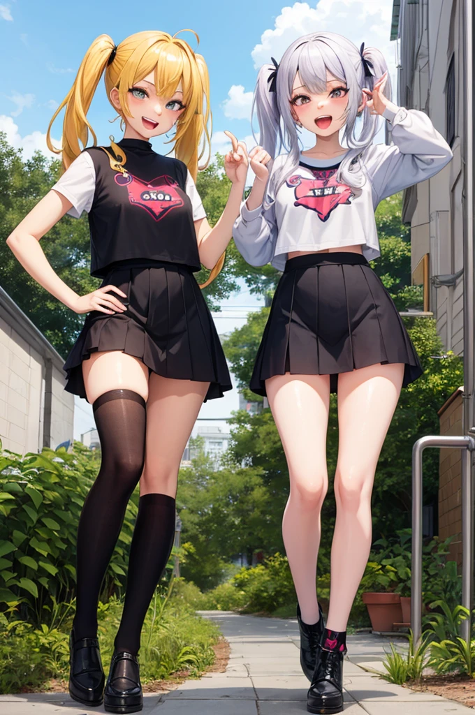 Very detailed, smiling facial expression, medium breasts, full body view, blonde hair with twintails, red eyes, looking at viewer, wearing black jumper, red skirt, sneakers, bare feet, standing pose.