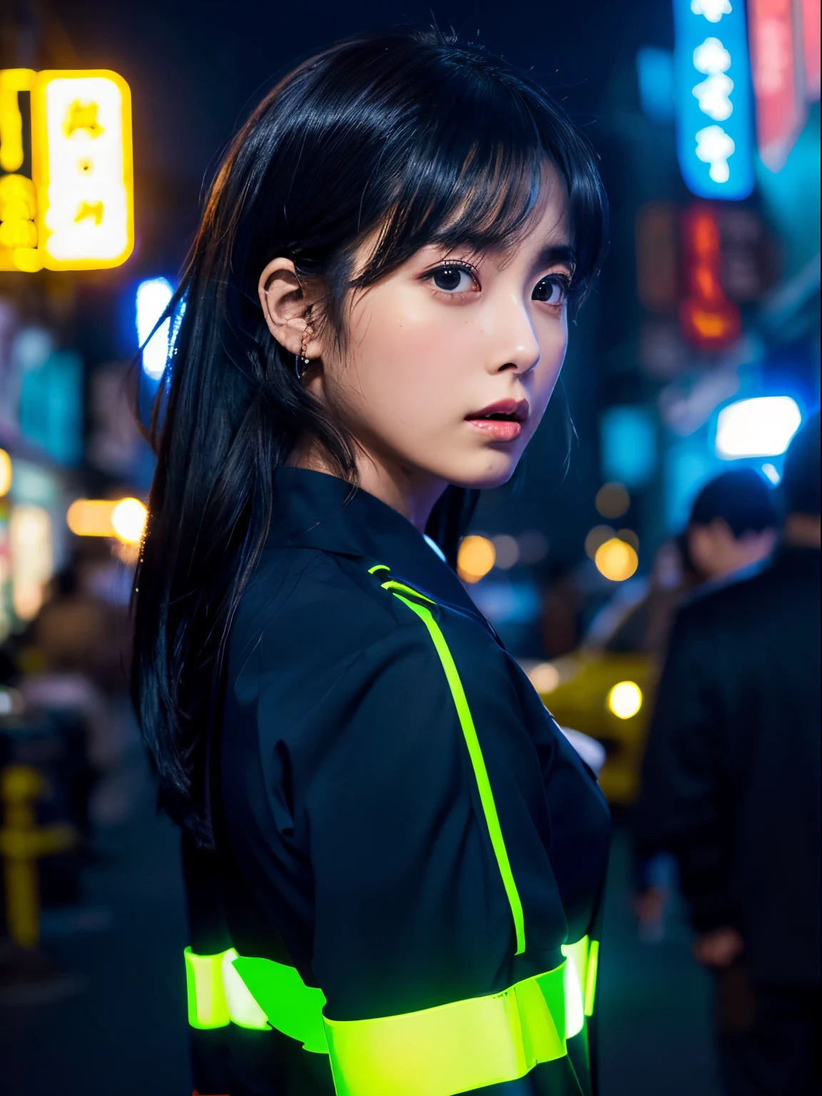 (Backlighting,Black hair),Beautiful woman in uniform in the bustling streets of Gintama, Surrounded by vendors, Beautiful portrait of a stunning goddess girl, beautifull detailed face, Porcelain Skin, Half body shot, Centered,((Moonlight,Night,Big neon,Strong neon lighting,Rim lighting,two tone lighting))),