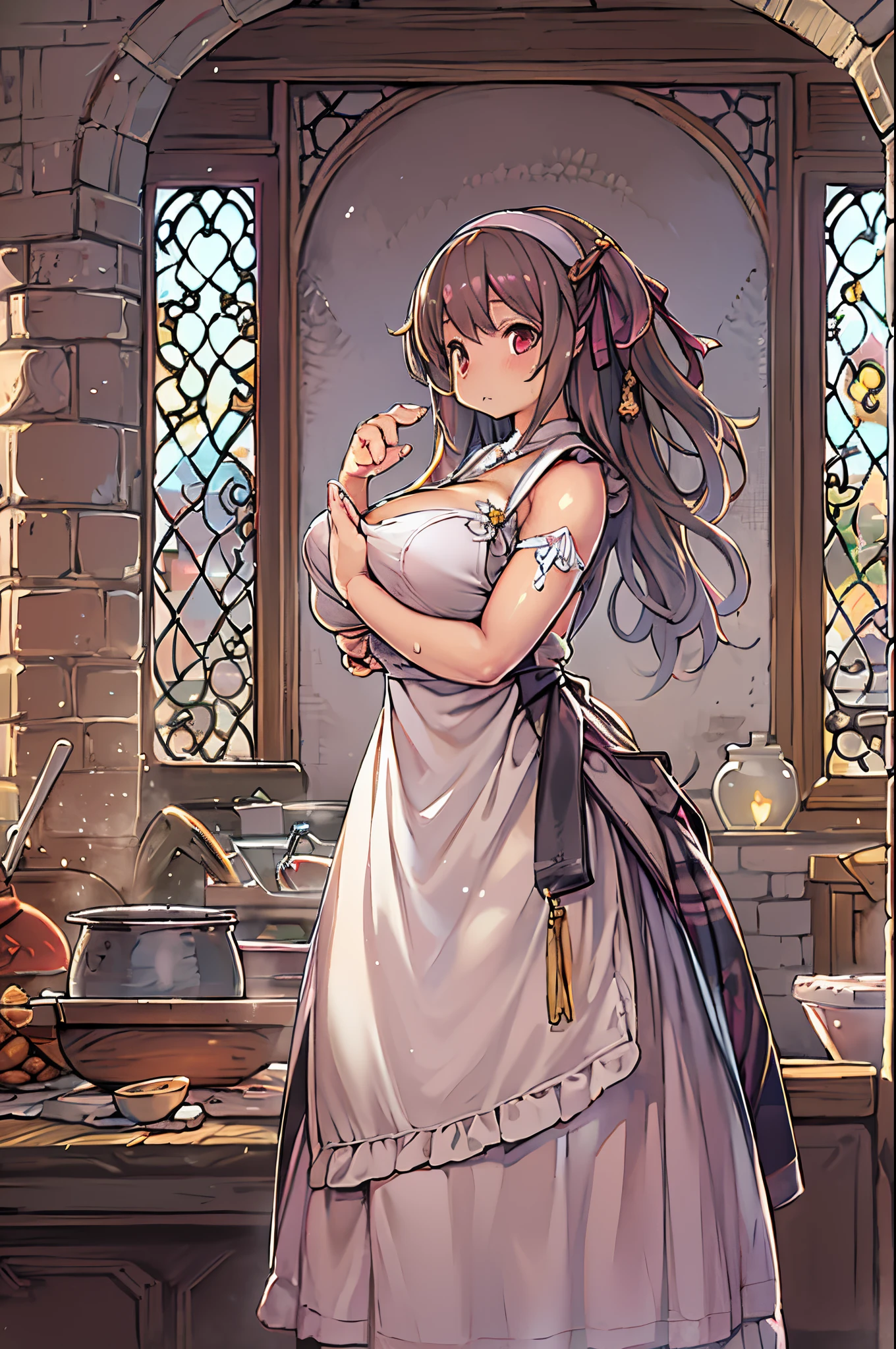 WRC style, Woman, lewd pose, The appearance of a seductive appearance, Apron, kitchin, medieval setting、bbw