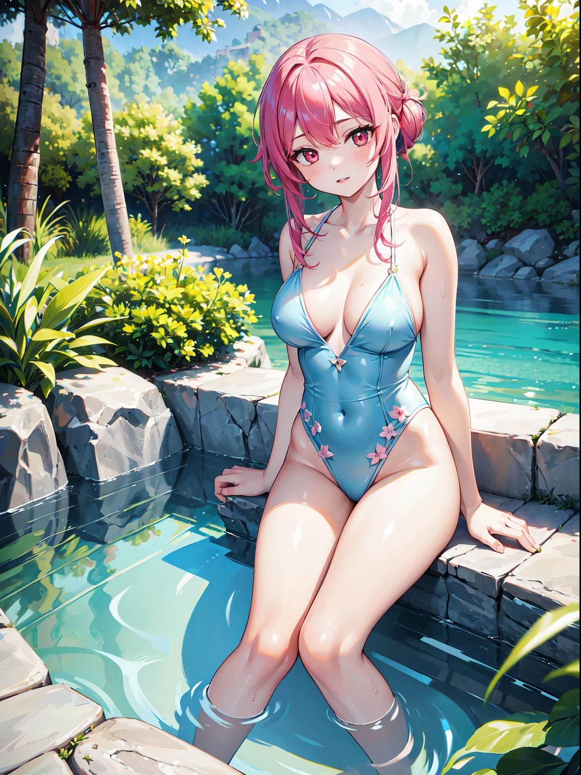 Very beautiful girl taking a bath in an open-air bath Pink skin Red eyes Blue hair Detailed face Detailed body Realistic model Highly detailed Natural scenery CGI 8k resolution