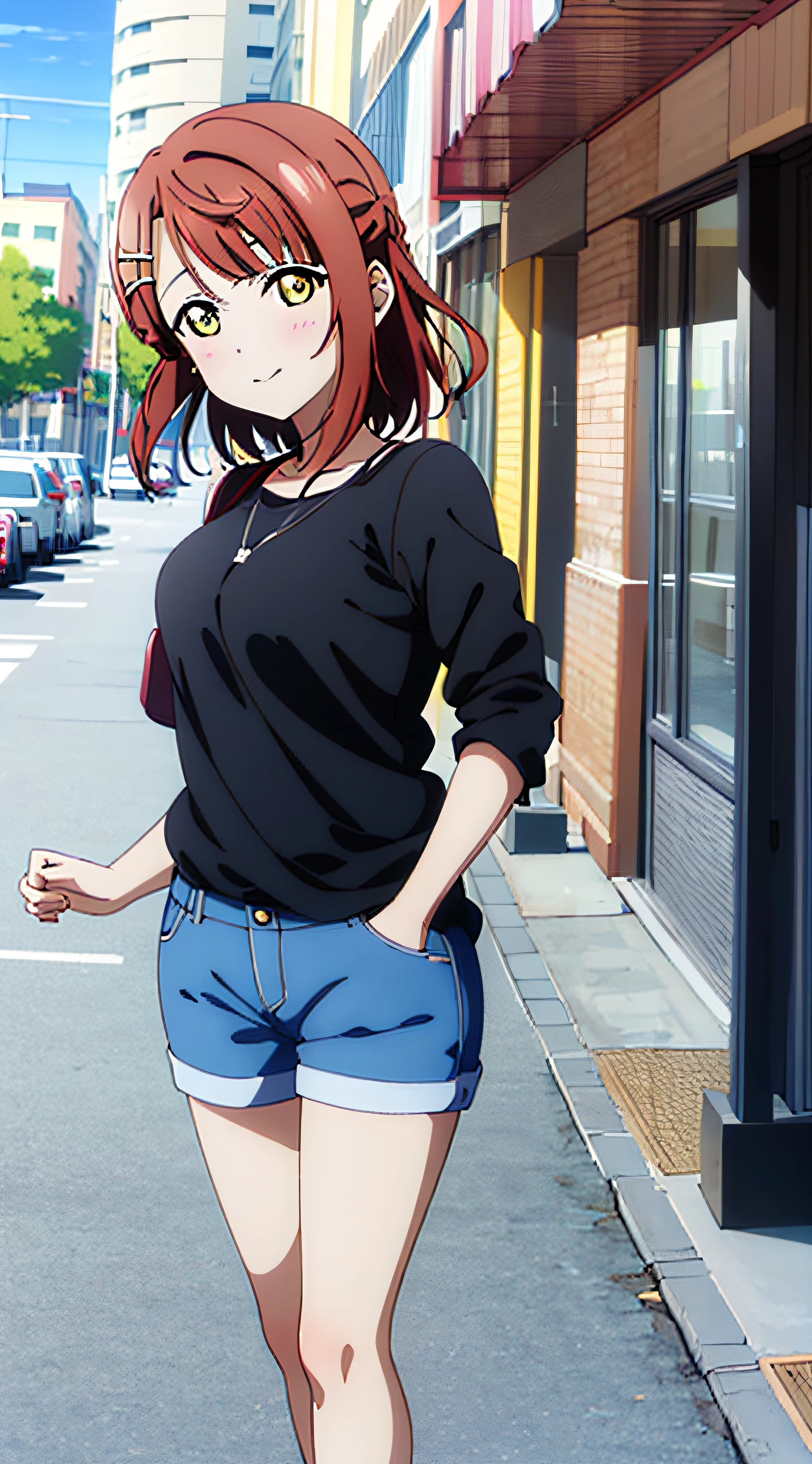 ((master piece, best quality)),high quality, ayumu uehara, 1girl, Anime-style color grading, bushiroad studio coloring style, yellow eyes, medium hair, full body, casual clothes