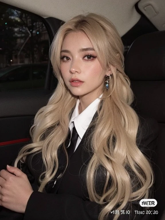 mujer rubia con el pelo largo en un coche con traje y corbata, Ava Max, con cabello largo y rubio, con pelo largo blanco, Cl, Cabello largo y rubio y ojos grandes, con el pelo largo y blanco, Su cabello es blanco, Cabello largo y rubio y ojos grandes, con el pelo rubio muy largo, tiene el pelo rubio, Parque Roseanne de Blackpink, cabello rubio y ojos grandes