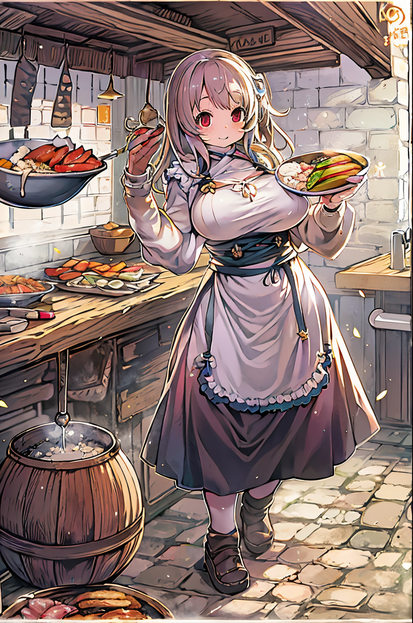 WRC style, Woman, lewd pose, The appearance of a seductive appearance, Apron, kitchin, medieval setting、bbw、grill yakiniku