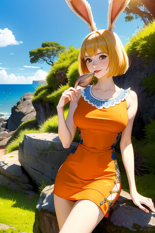 (ultra detailed background, delicate pattern, intricate detail, highly detailed, fine details), best quality,((medium breasts, slim girl,  close-up, portrait)), CarrotChan, 1girl, solo, blonde hair, animal ears, rabbit ears, rabbit girl, furry female, furry, short hair, smile, rabbit tail, (orange dress), brown eyes, ((slim girl, medium breasts, animal nose)), ((complex detailed background, blue sky, grass, trees, rocks, ocean, nature environment, cowboy shot)),